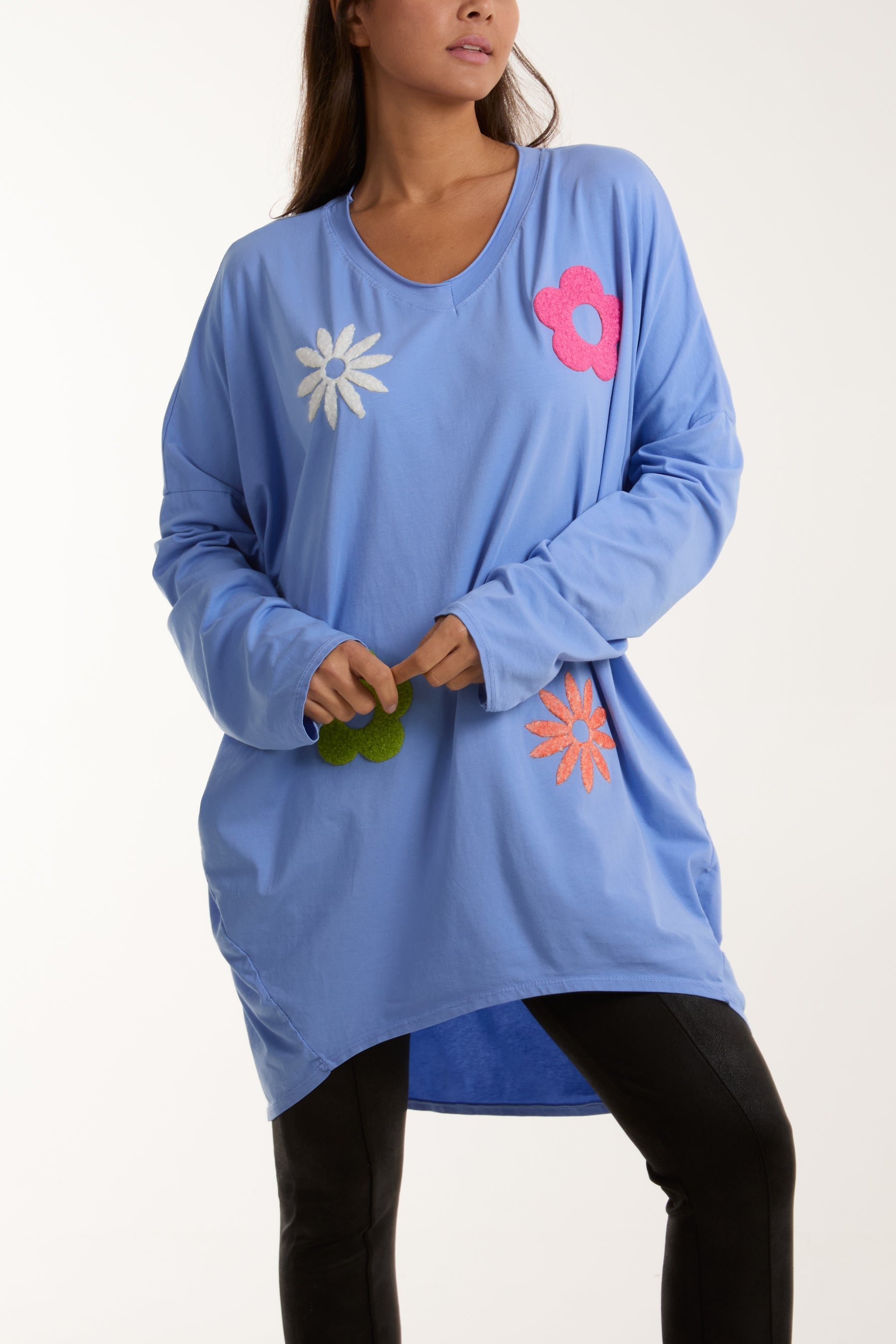 V-Neck Multicolour Flower Oversized Top Tops WearAll Light Blue One Size