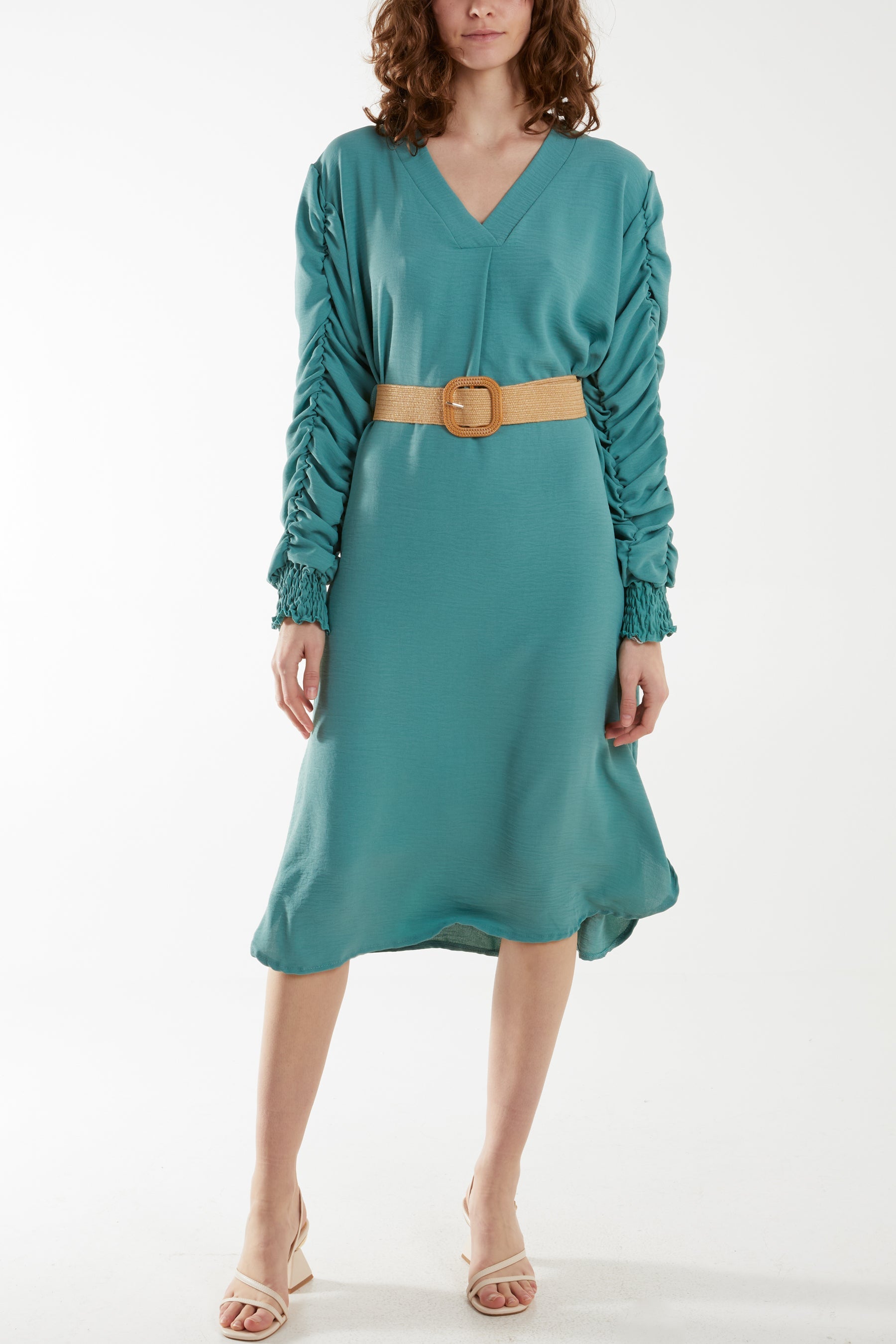Ruffle Sleeve Pelted Midi Dress Dresses WearAll Sage One Size