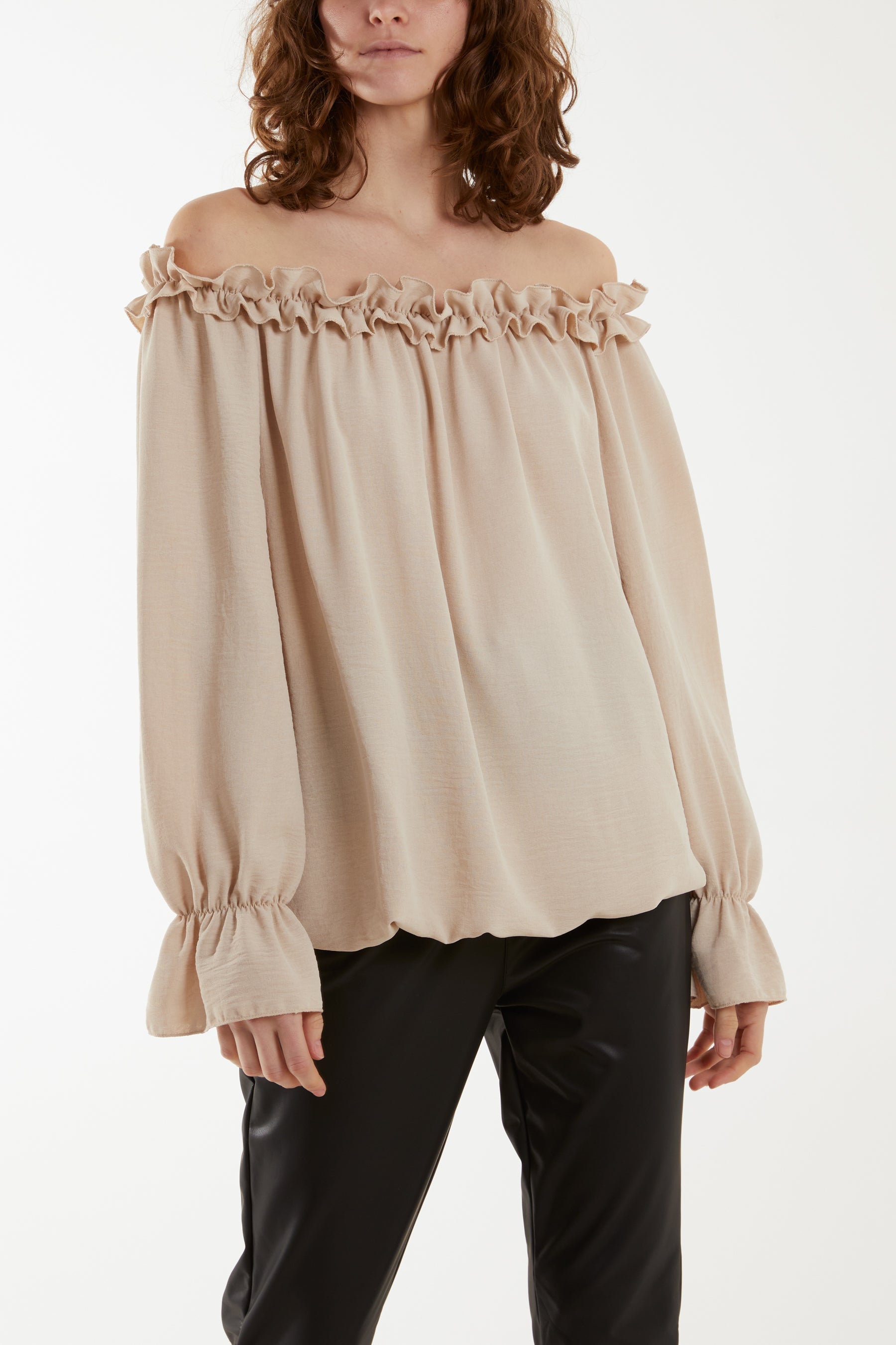 Bardot Ruffle Bubble Hem Blouse Tops WearAll Beige One Size