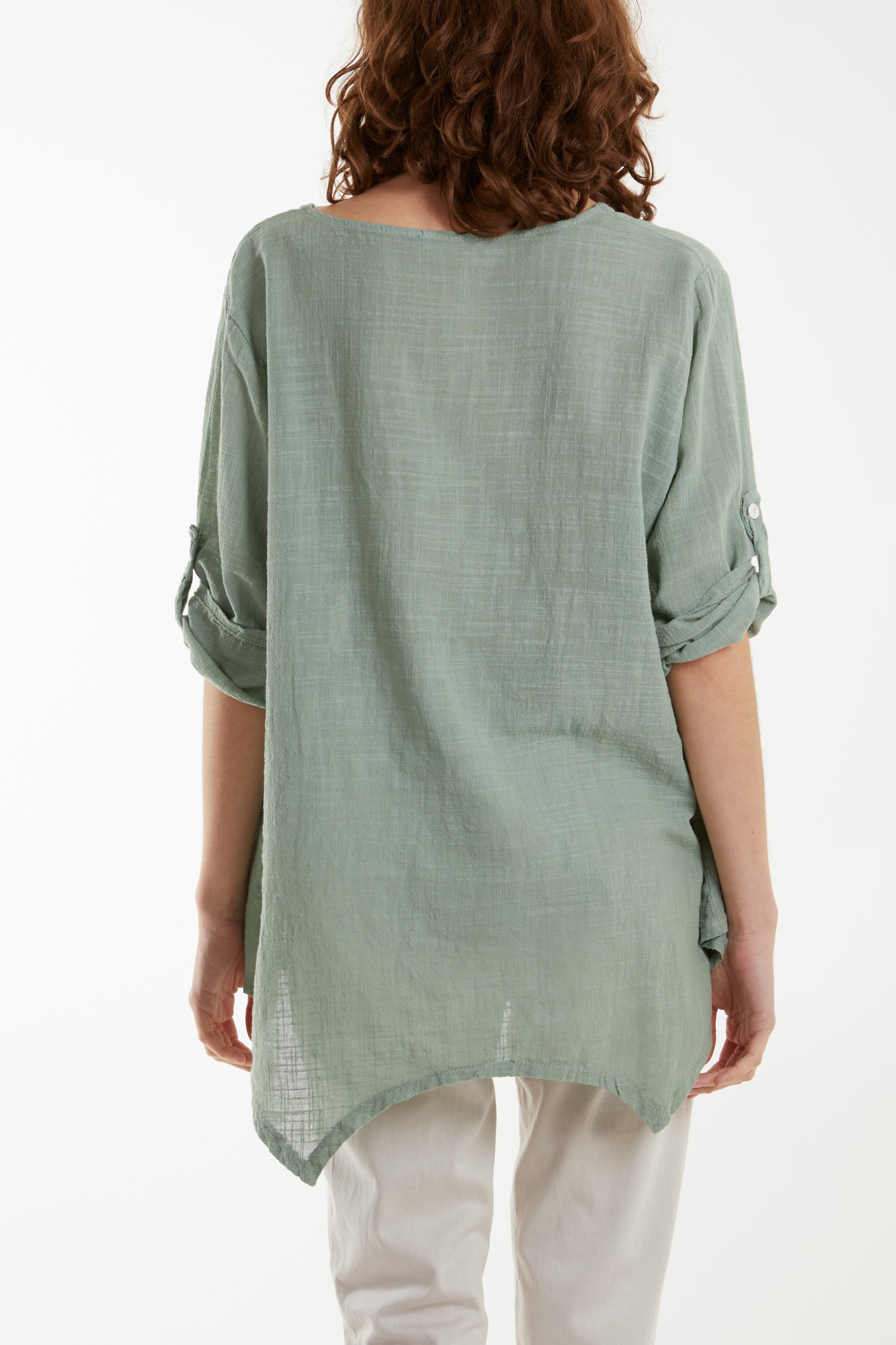 Pure Cotton Asymmetric Hem Pocket Top Blouses WearAll