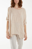 Pure Cotton Asymmetric Hem Pocket Top Blouses WearAll Stone One Size