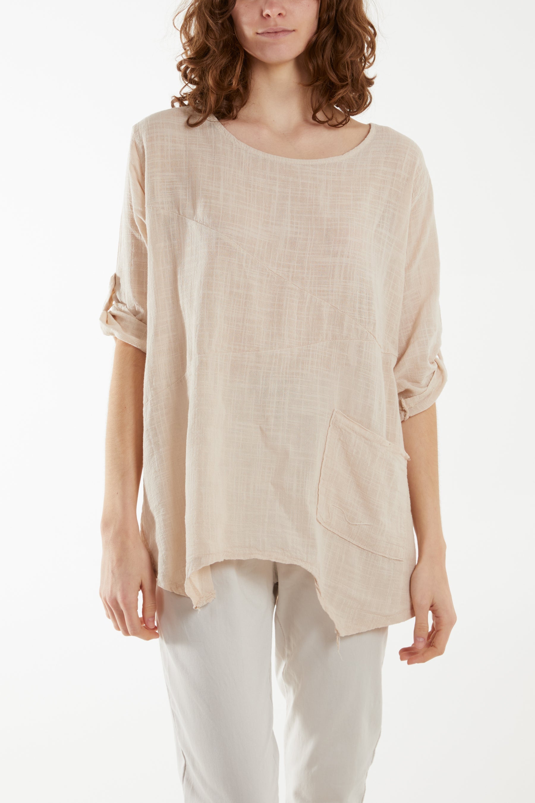 Pure Cotton Asymmetric Hem Pocket Top Blouses WearAll Stone One Size
