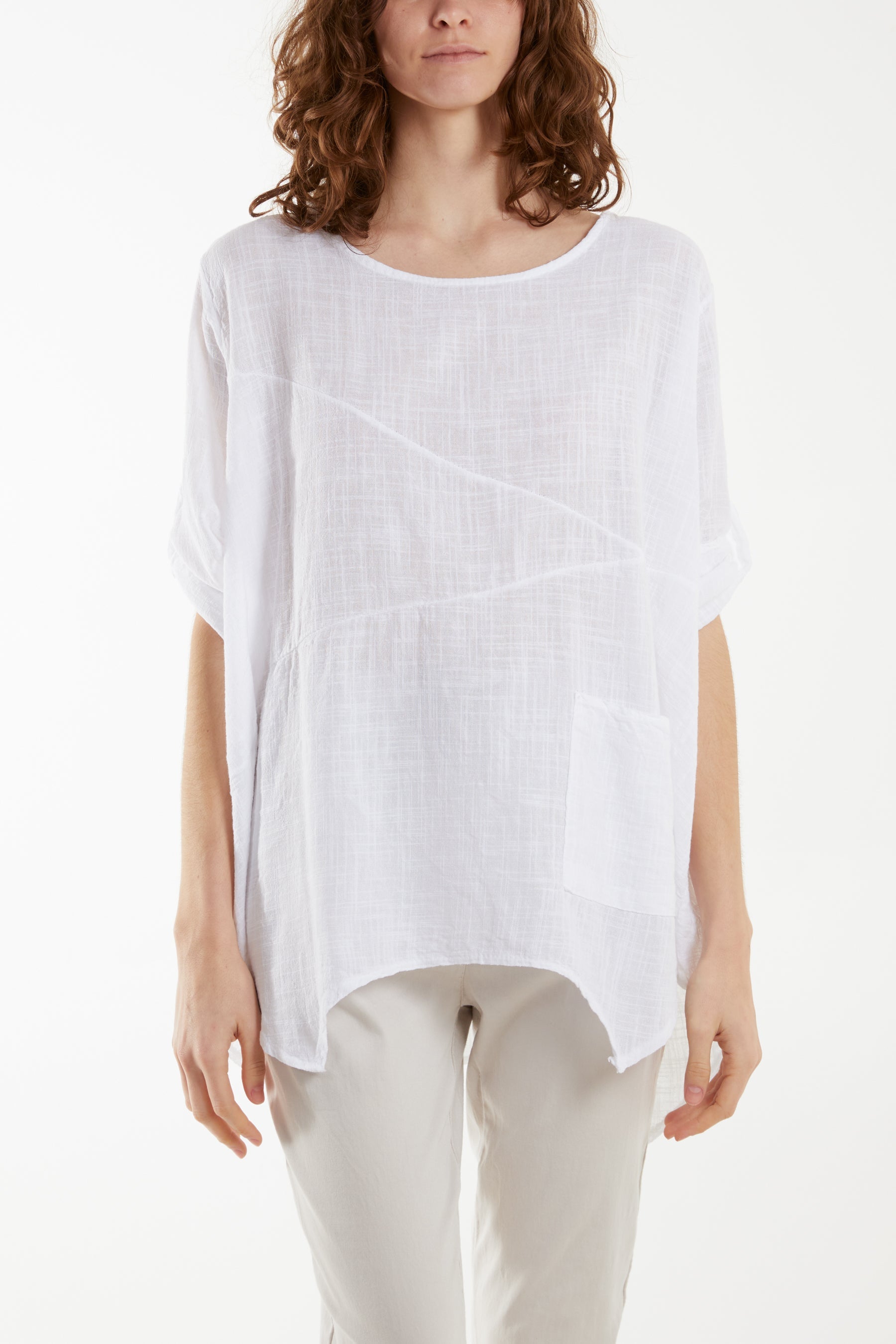 Pure Cotton Asymmetric Hem Pocket Top Blouses WearAll White One Size