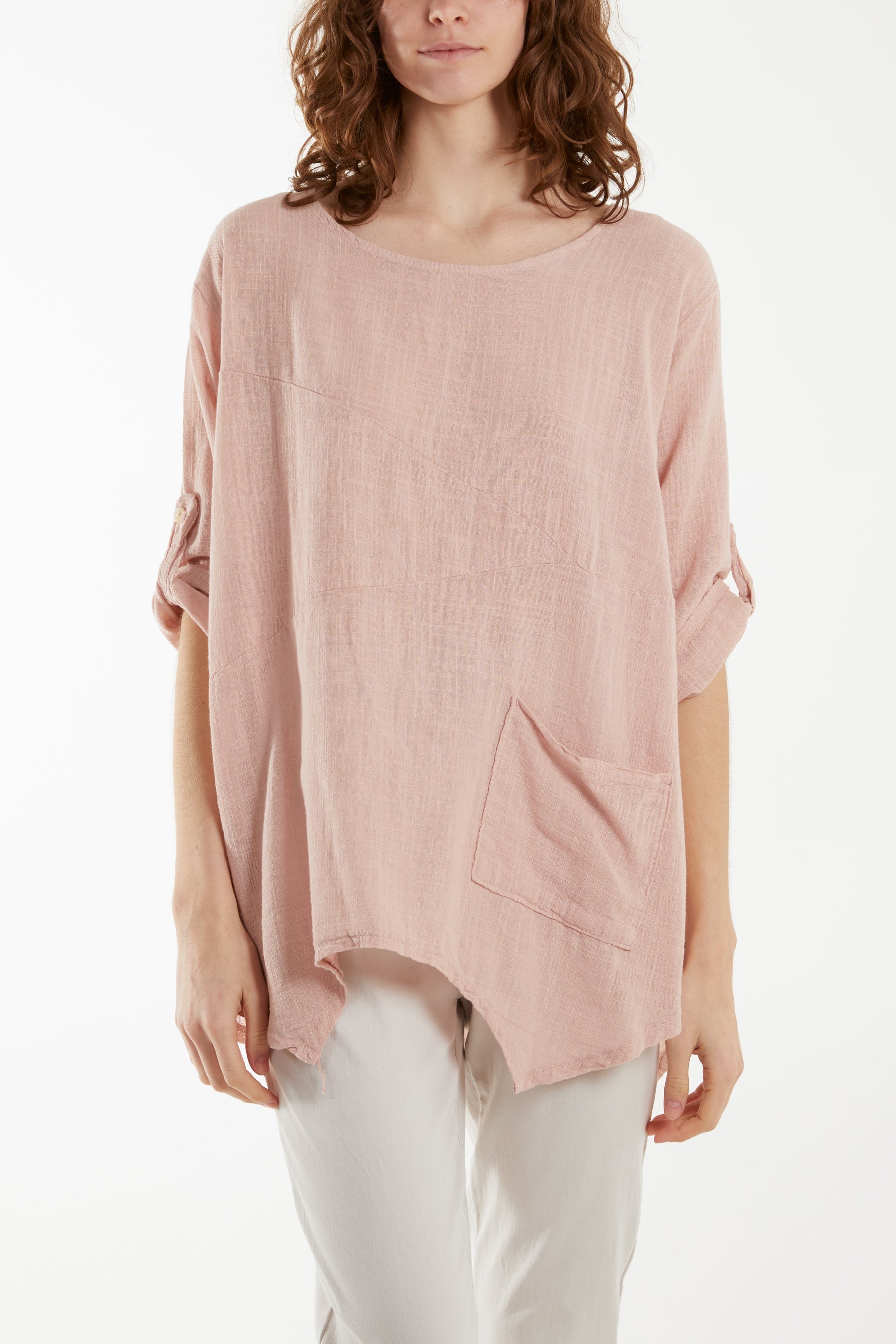 Pure Cotton Asymmetric Hem Pocket Top Blouses WearAll Blush One Size