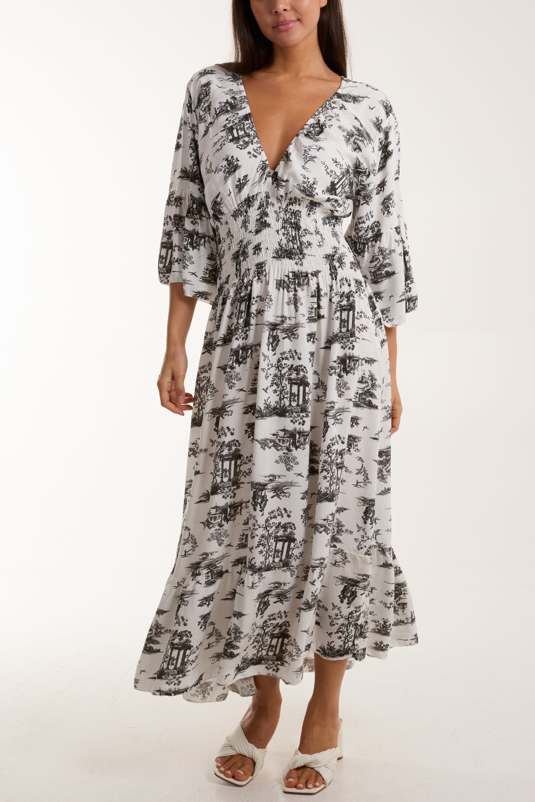 Toile De Jouy Shirred Bodice Midi Dress Dresses WearAll Black One Size