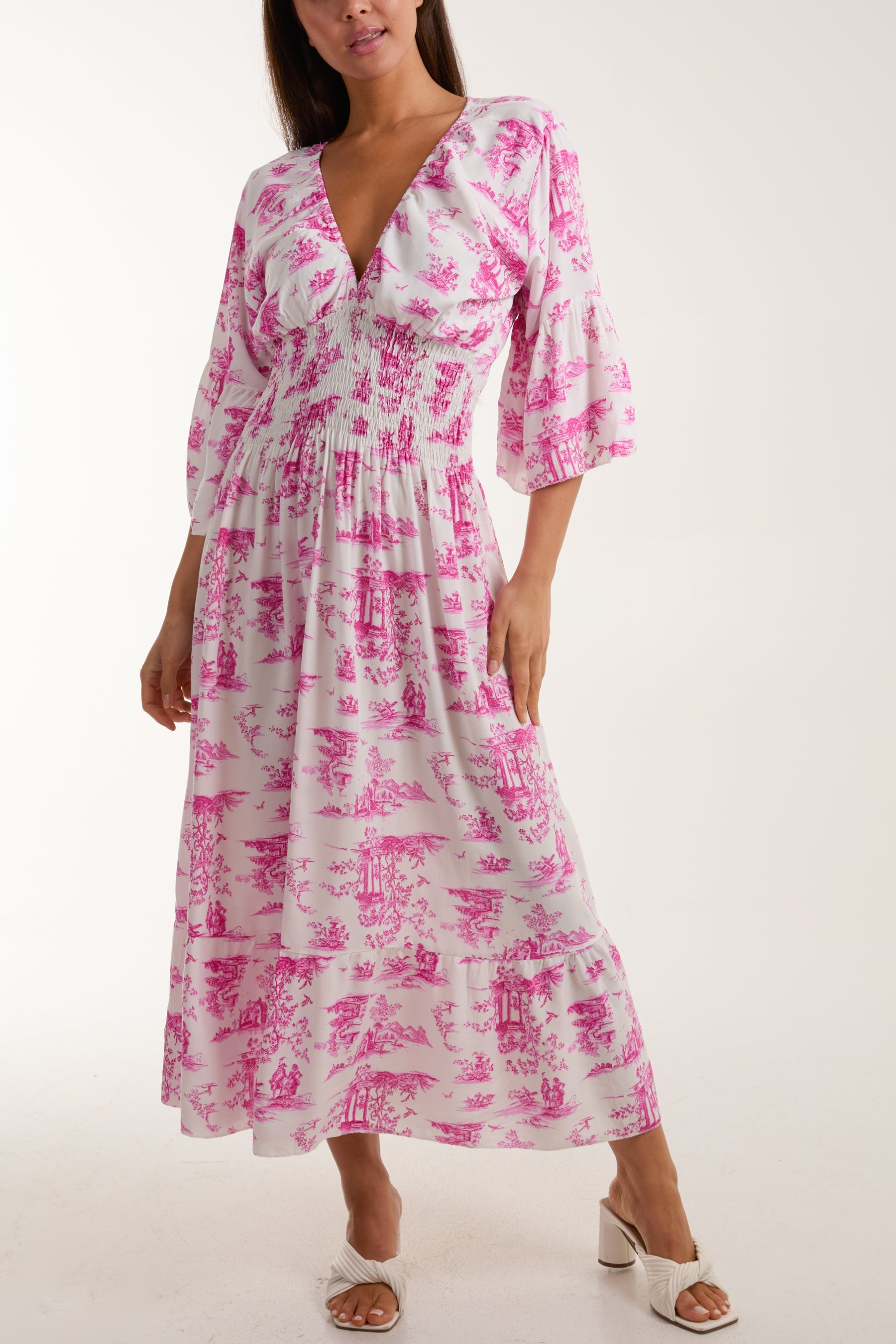 Toile De Jouy Shirred Bodice Midi Dress Dresses WearAll Fuchsia One Size