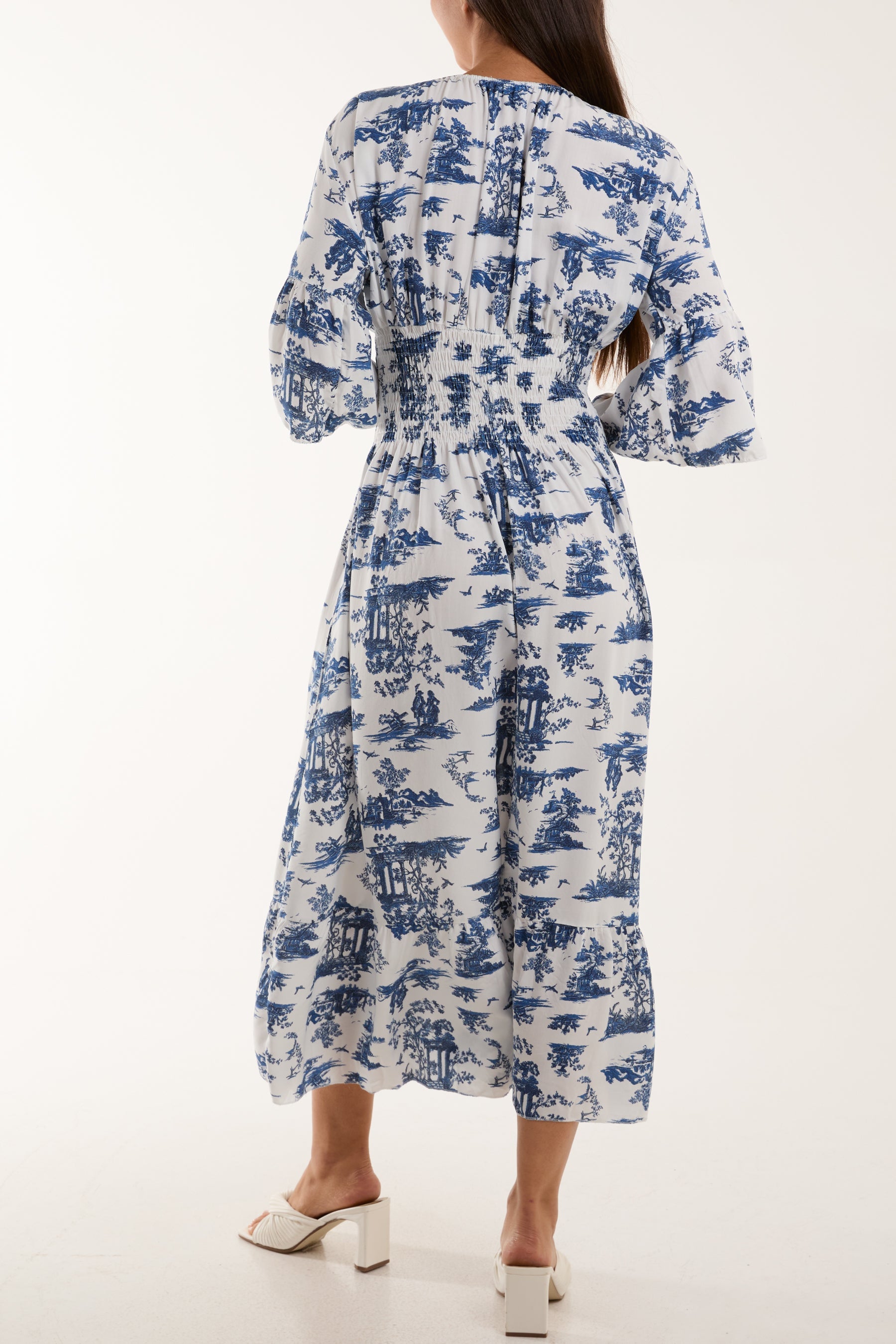 Toile De Jouy Shirred Bodice Midi Dress Dresses WearAll