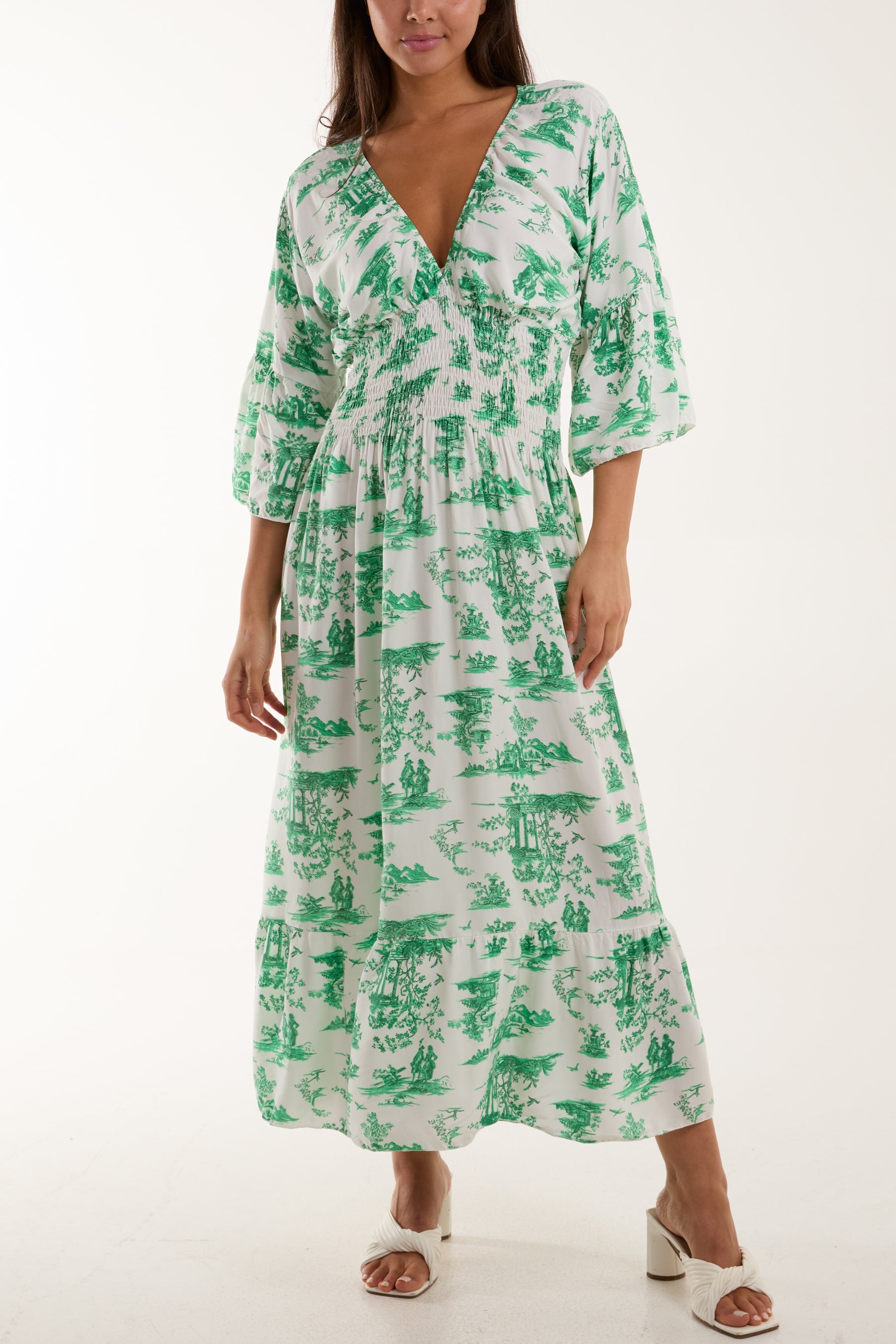 Toile De Jouy Shirred Bodice Midi Dress Dresses WearAll Jade One Size