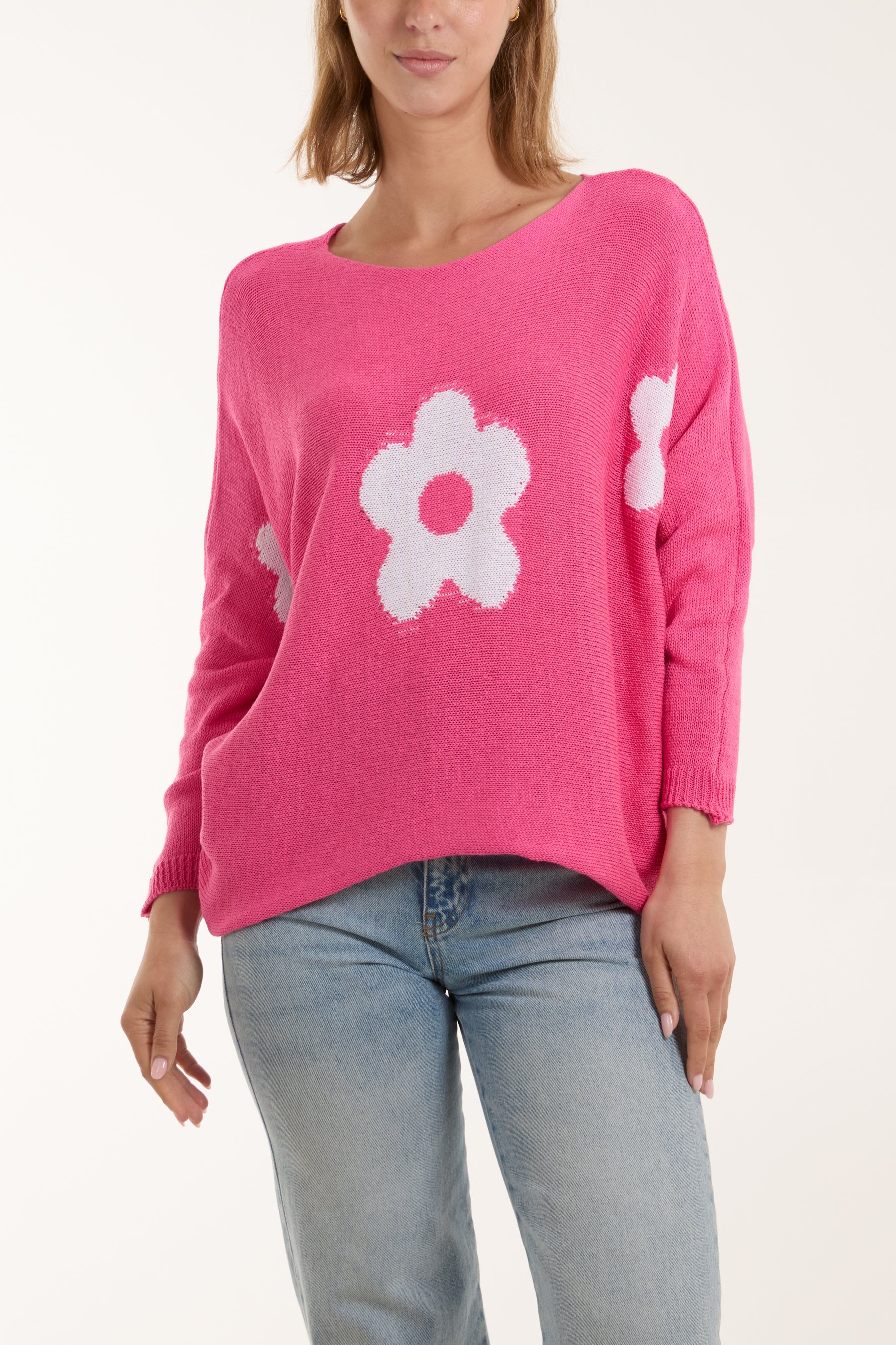 Daisies High Low Batwing Jumper Jumpers WearAll Fuchsia One Size