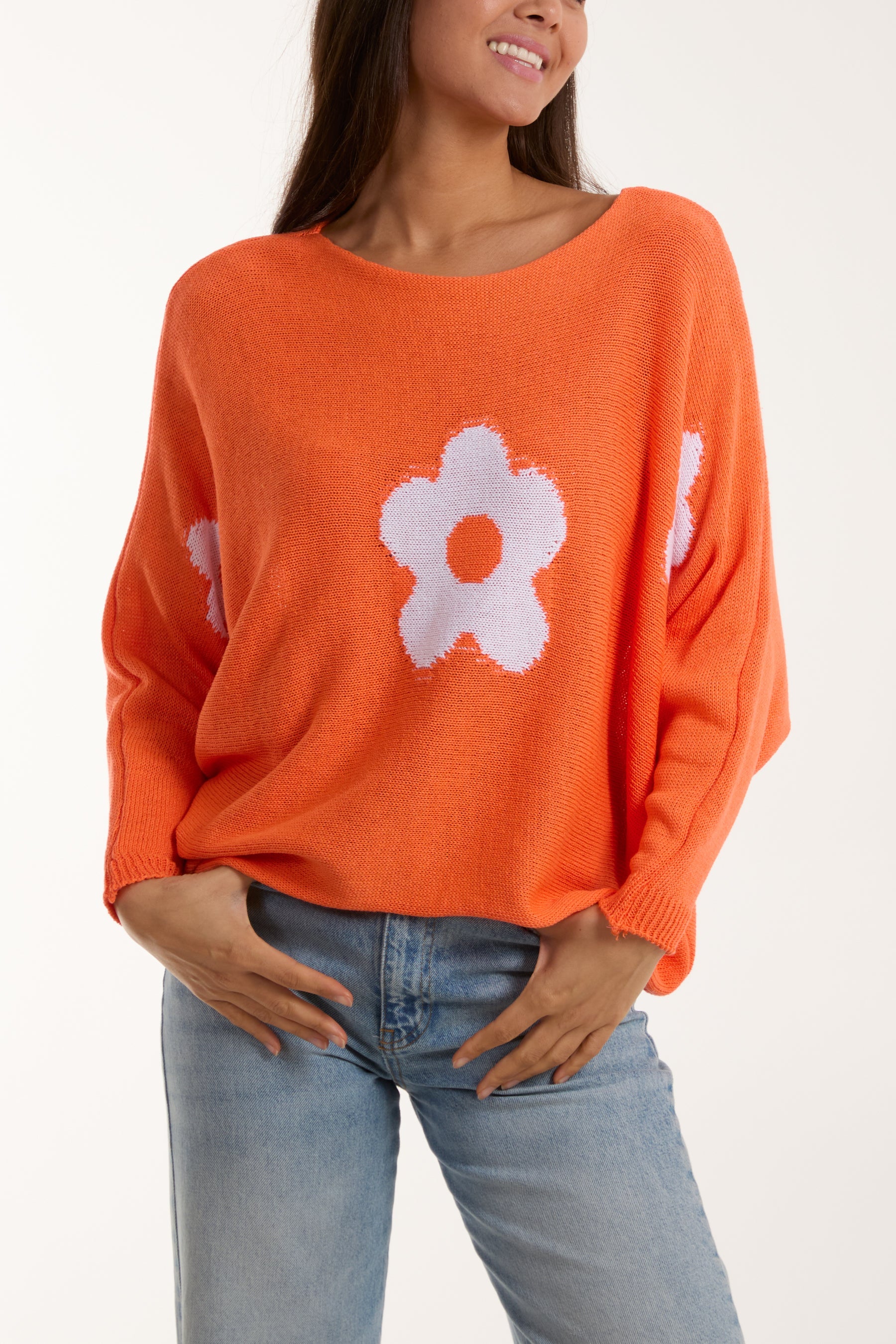 Daisies High Low Batwing Jumper Jumpers WearAll Orange One Size