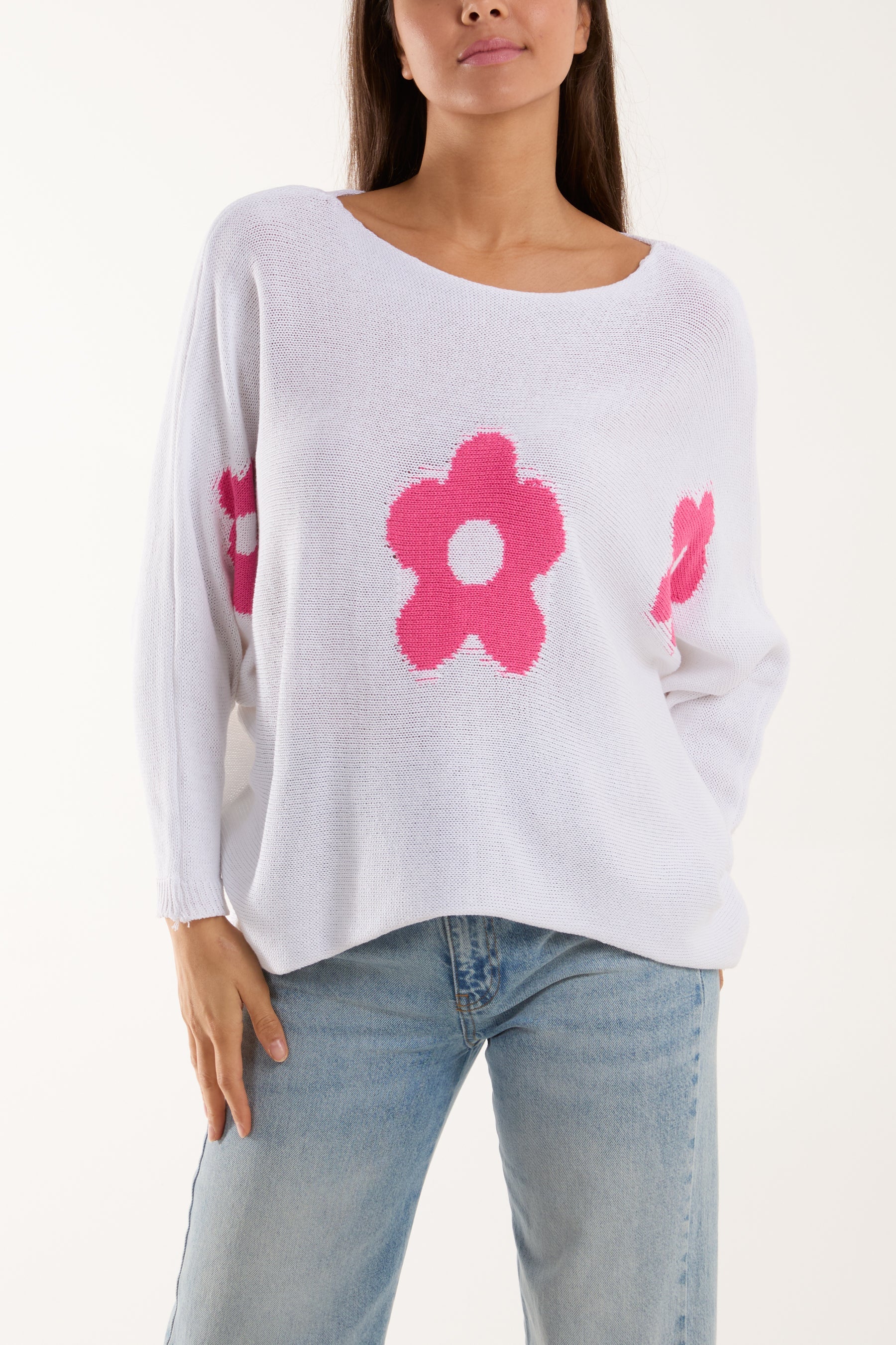 Daisies High Low Batwing Jumper Jumpers WearAll White One Size
