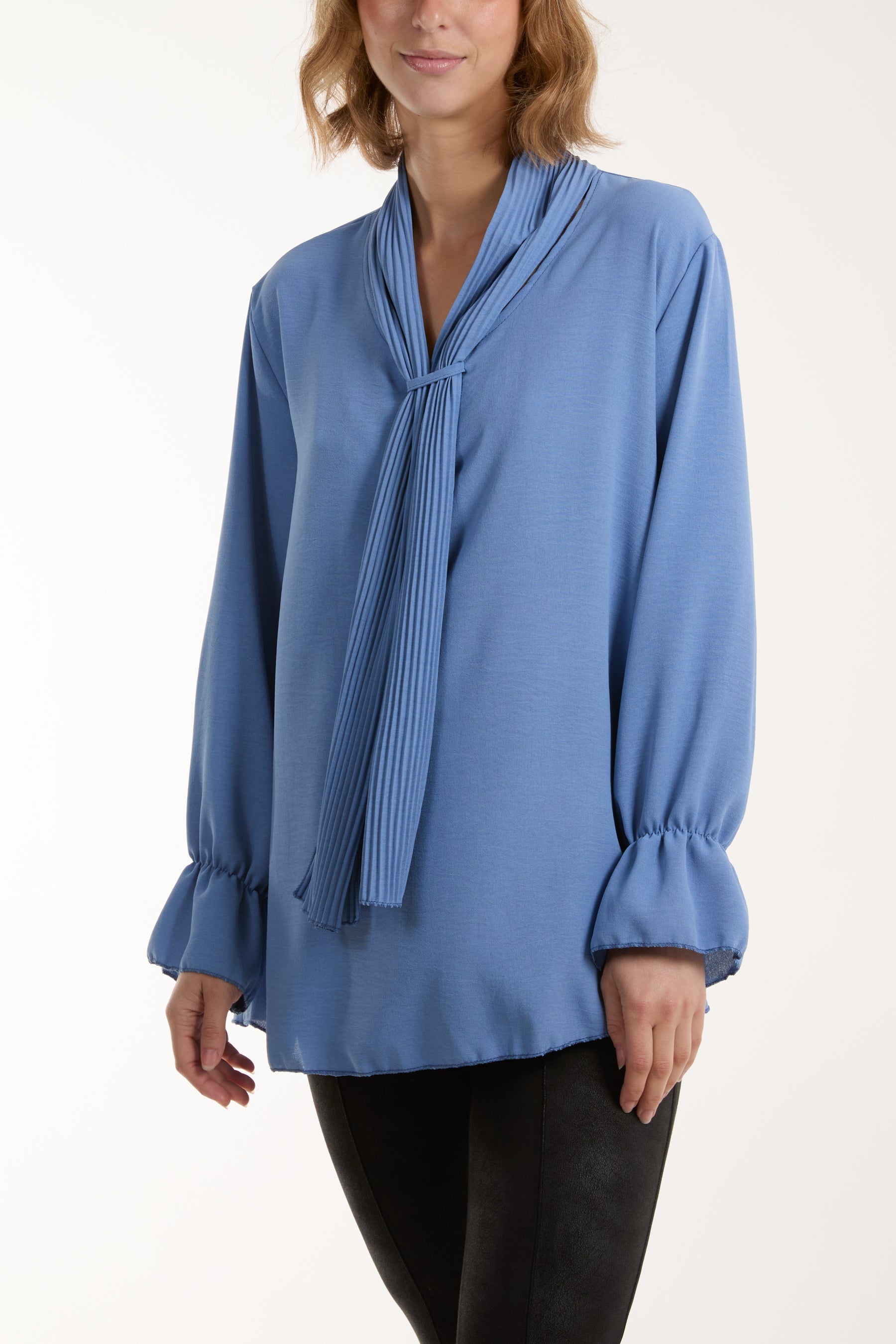 Pleated Tie Neck Bell Sleeve Blouse Blouses WearAll Denim One Size
