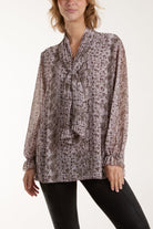 Pleated Tie Neck Sheer Floral Blouse Blouses WearAll Mocha One Size