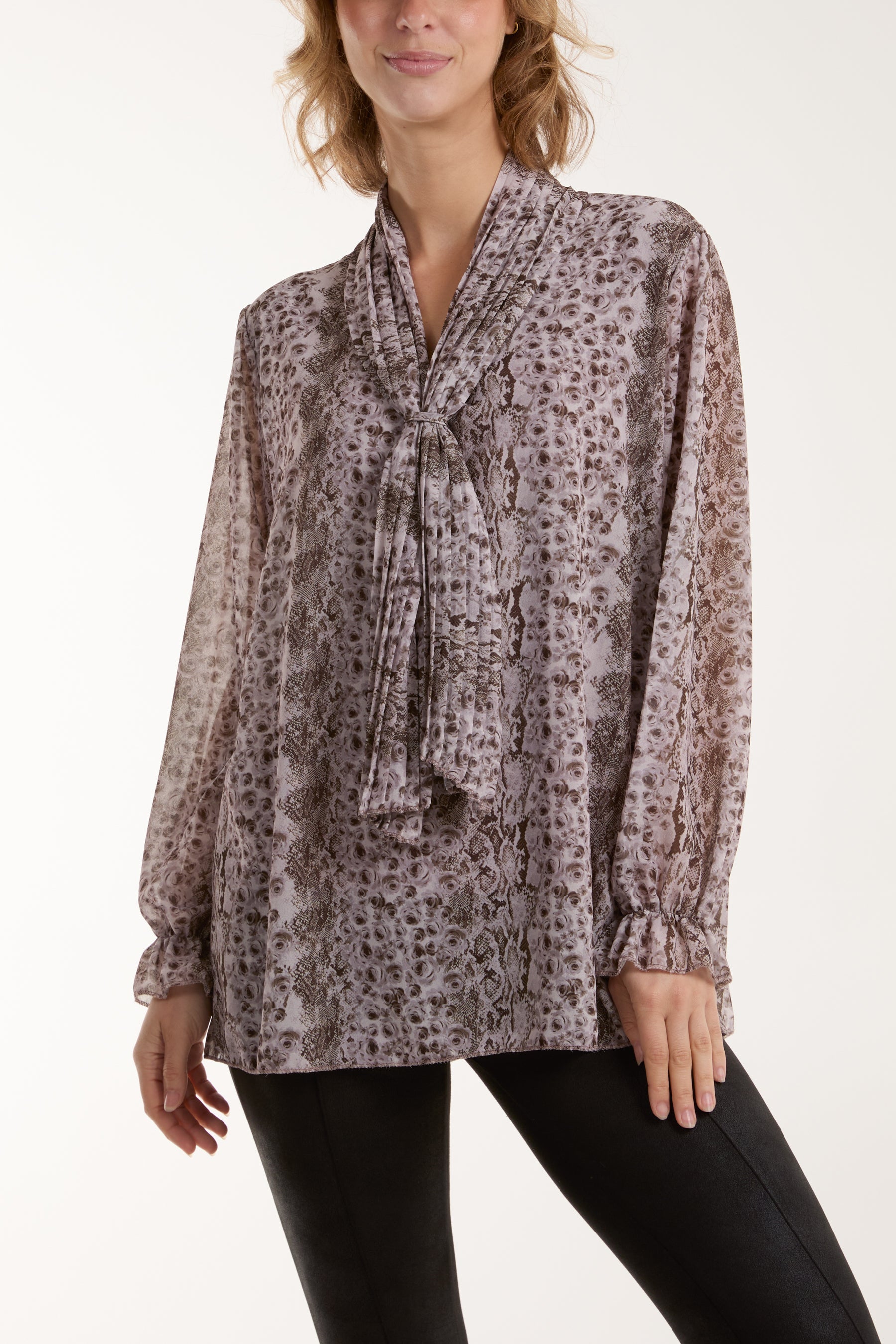 Pleated Tie Neck Sheer Floral Blouse Blouses WearAll Mocha One Size