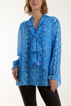 Pleated Tie Neck Sheer Floral Blouse Blouses WearAll Royal Blue One Size