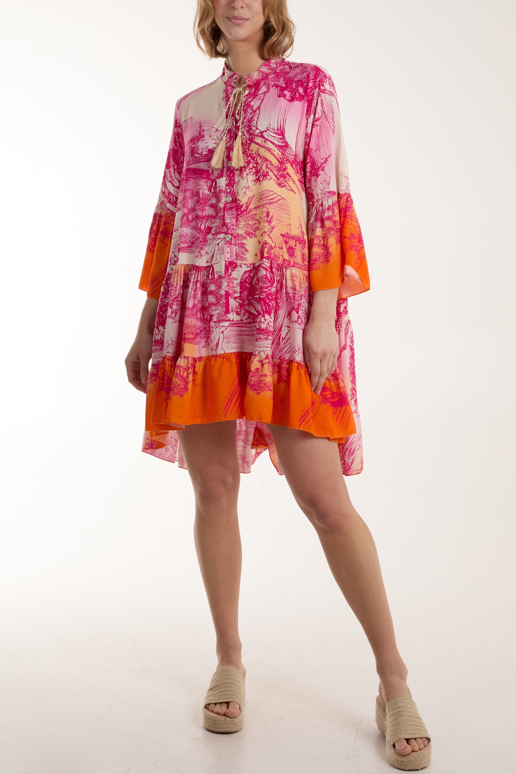 Tassels Toile De Jouy Tiered Dress Dresses WearAll Fuchsia One Size