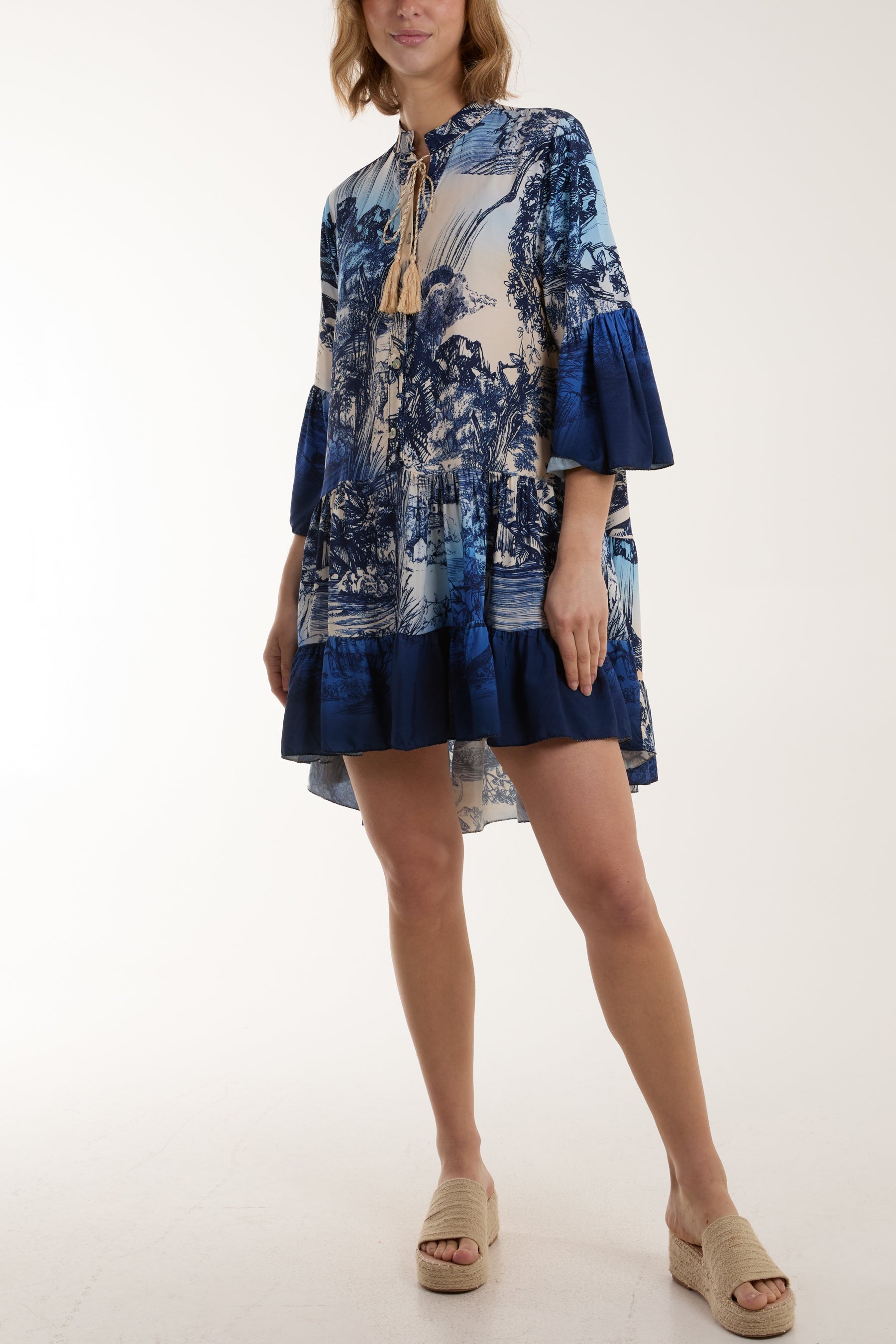 Tassels Toile De Jouy Tiered Dress Dresses WearAll Navy One Size