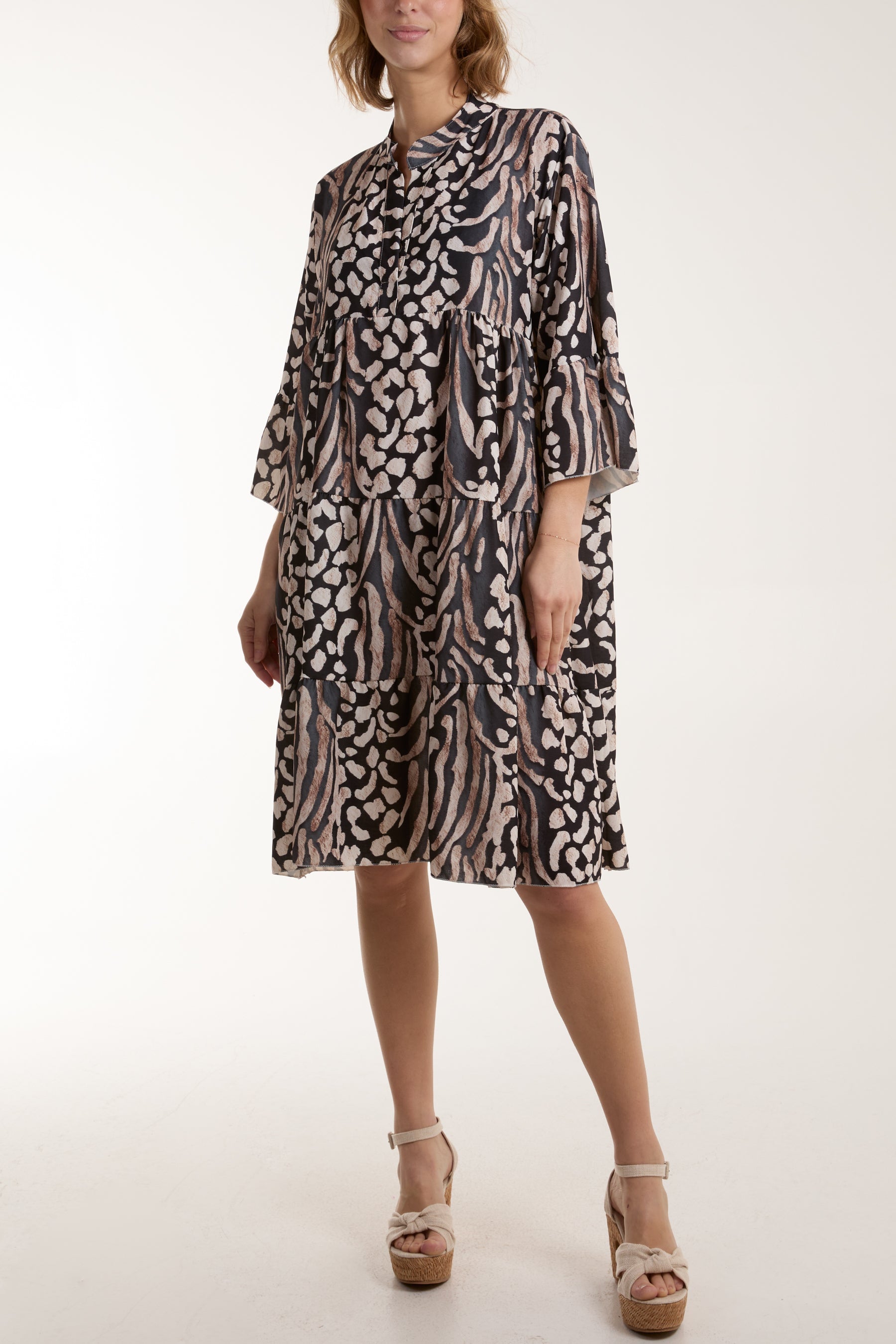 Colourful Leopard Print Tiered Smock Dress Dresses WearAll Black One Size