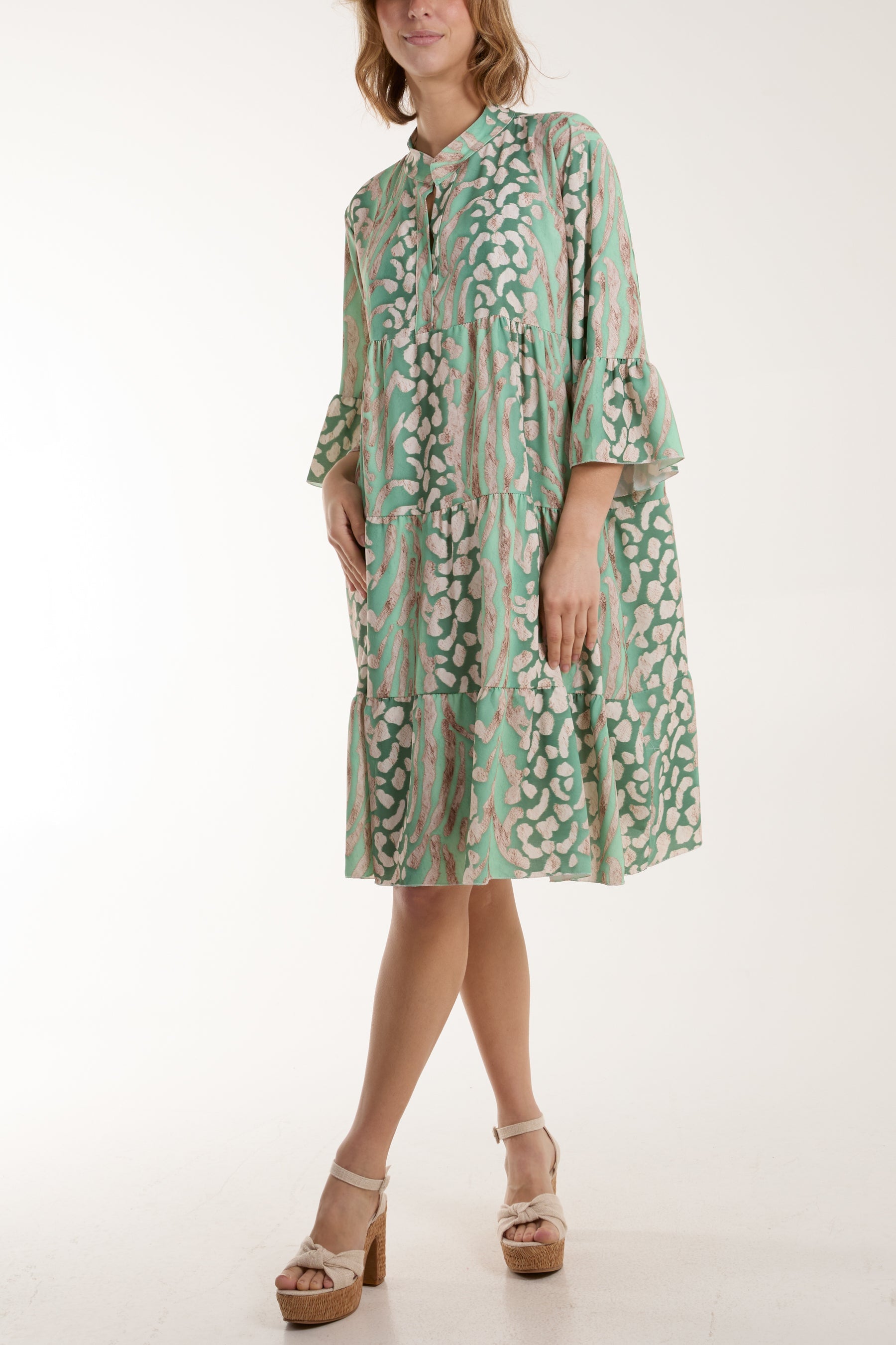 Colourful Leopard Print Tiered Smock Dress Dresses WearAll Sage One Size