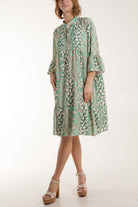 Colourful Leopard Print Tiered Smock Dress Dresses WearAll Sage One Size