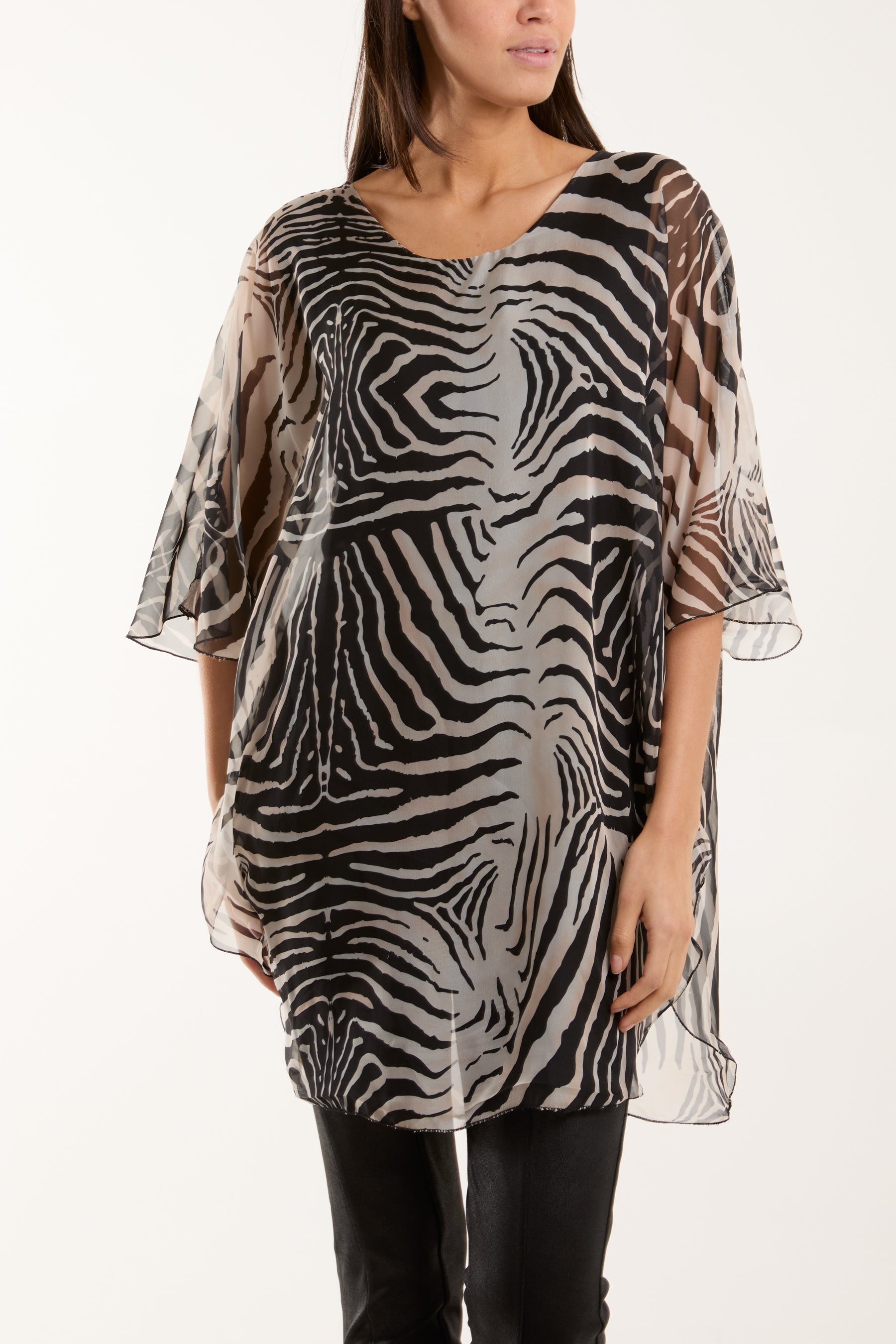 Zebra Print Sheer Long Blouse Blouses WearAll Black One Size