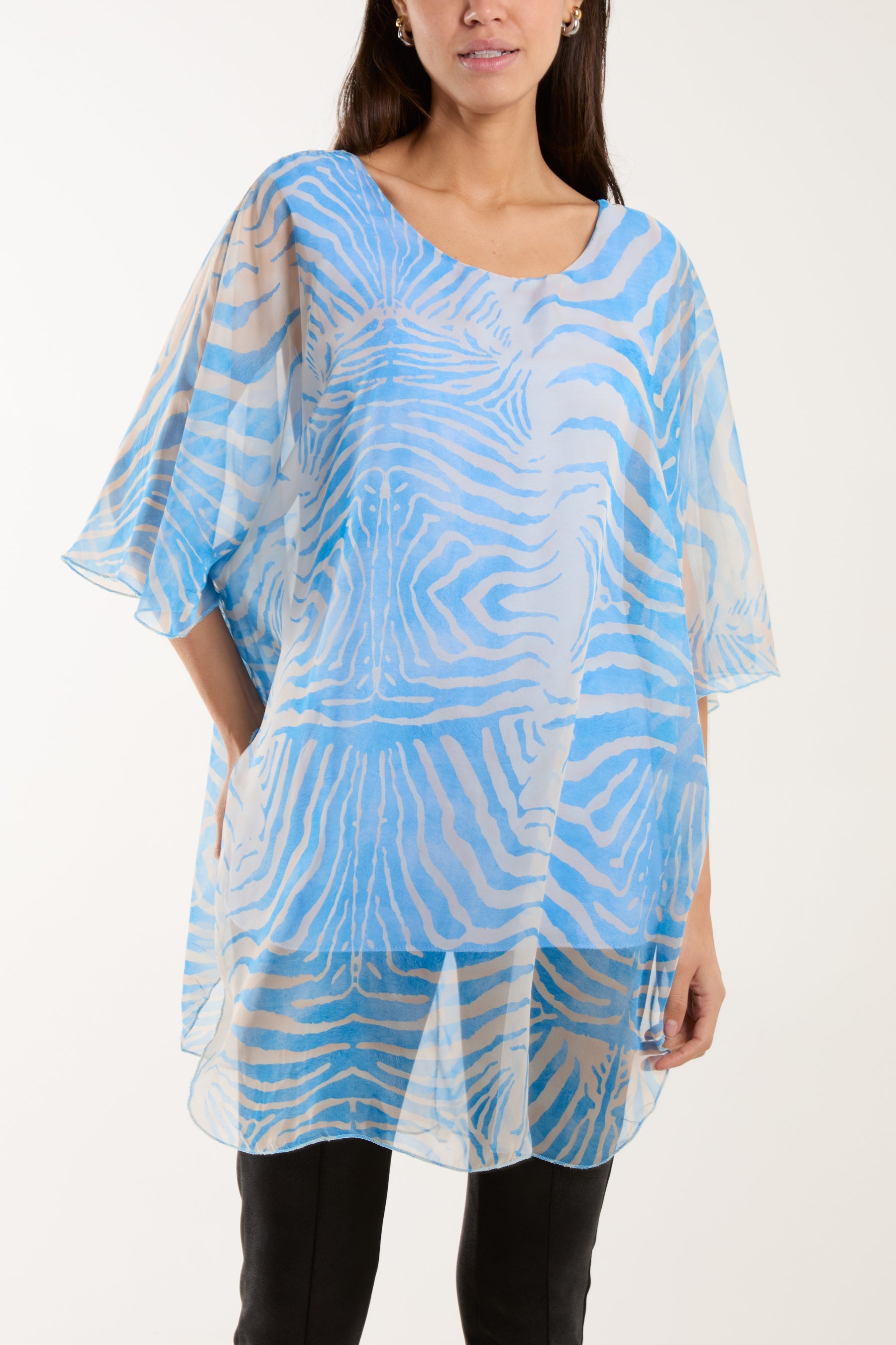 Zebra Print Sheer Long Blouse Blouses WearAll Blue One Size