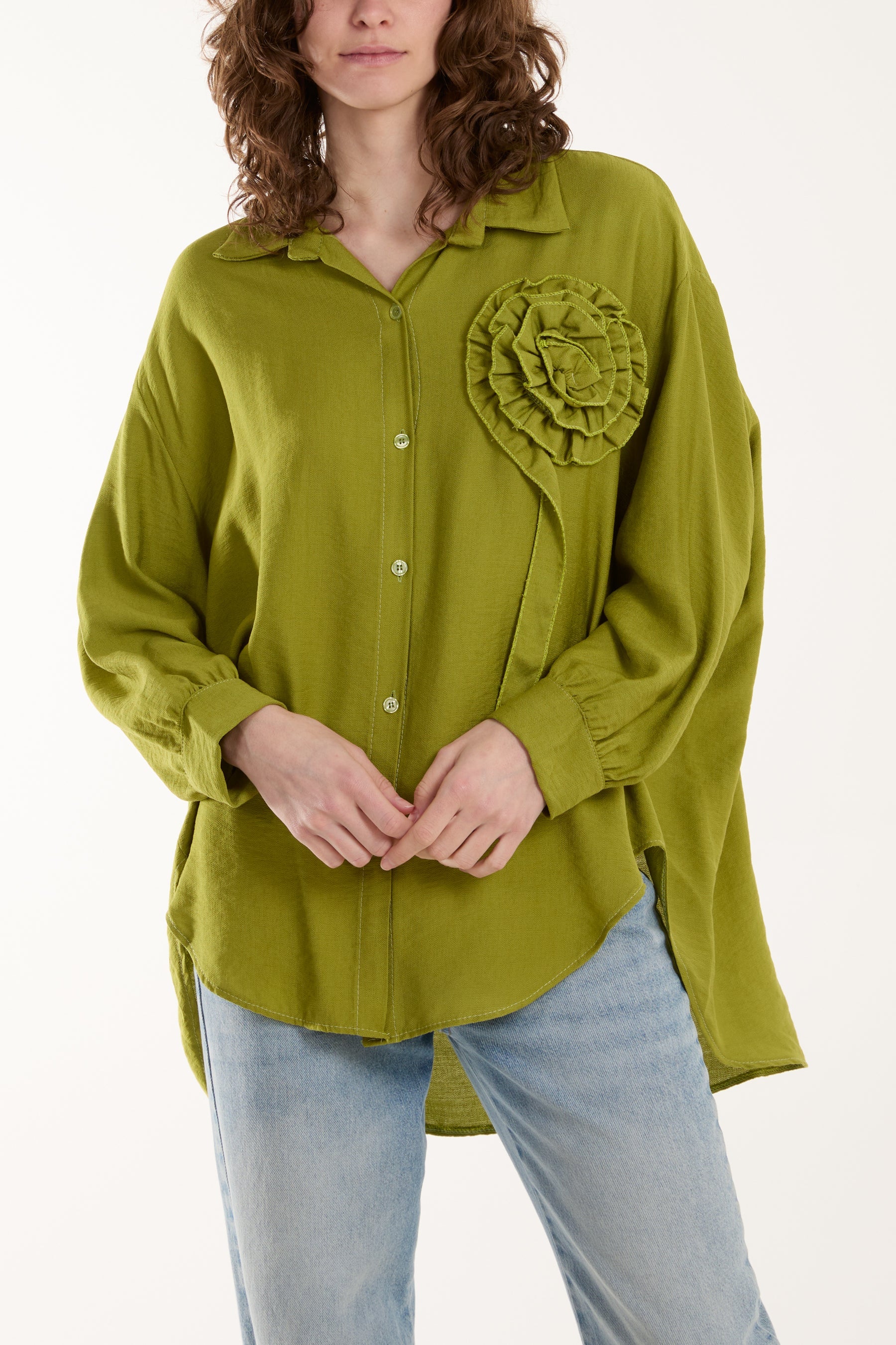 Large Ruffle Flower Shirt Shirts WearAll Olive One Size