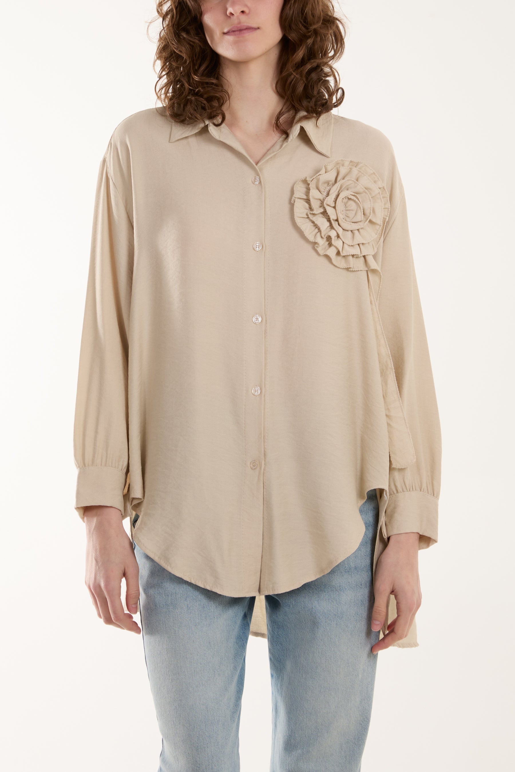 Large Ruffle Flower Shirt Shirts WearAll Beige One Size