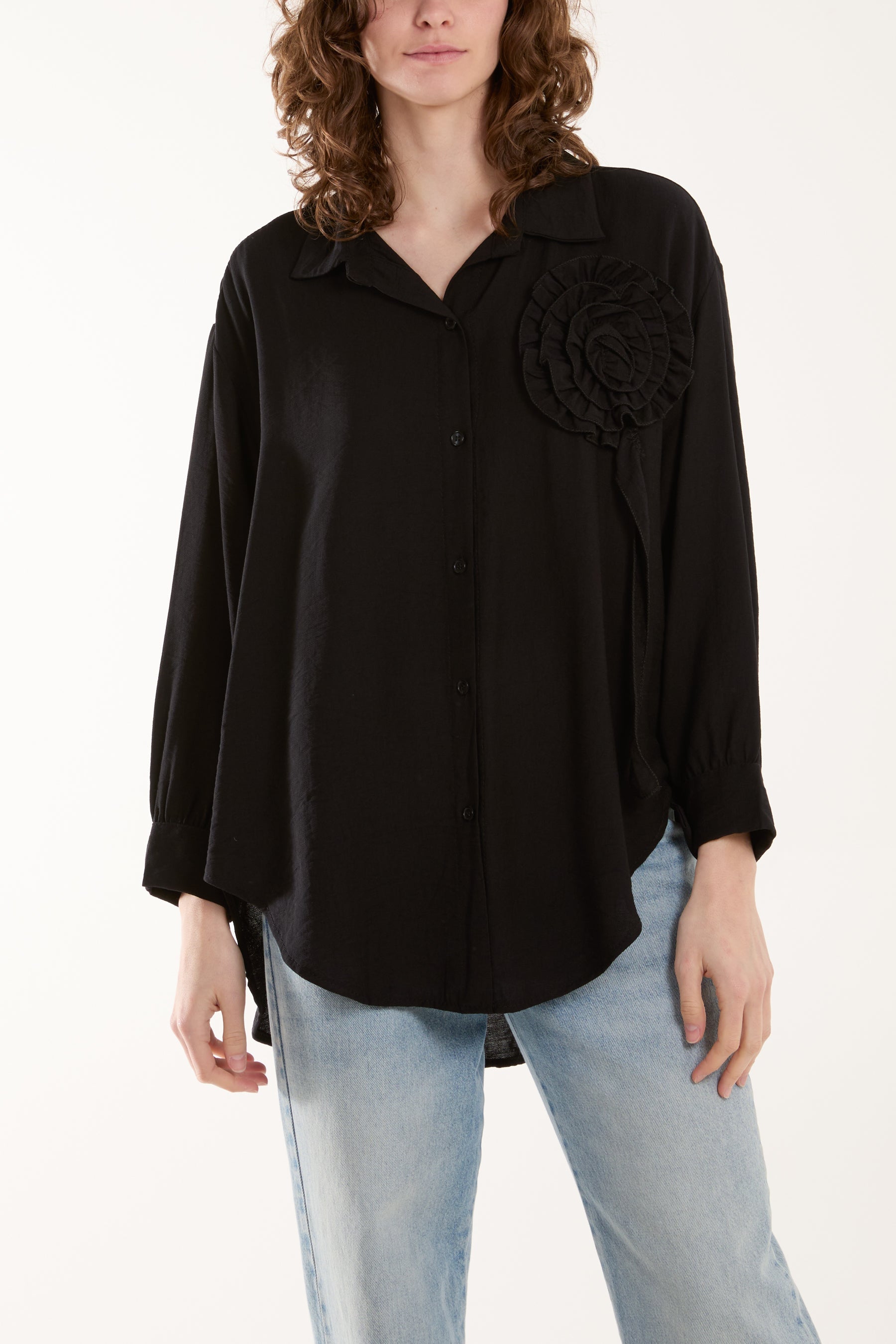 Large Ruffle Flower Shirt Shirts WearAll Black One Size