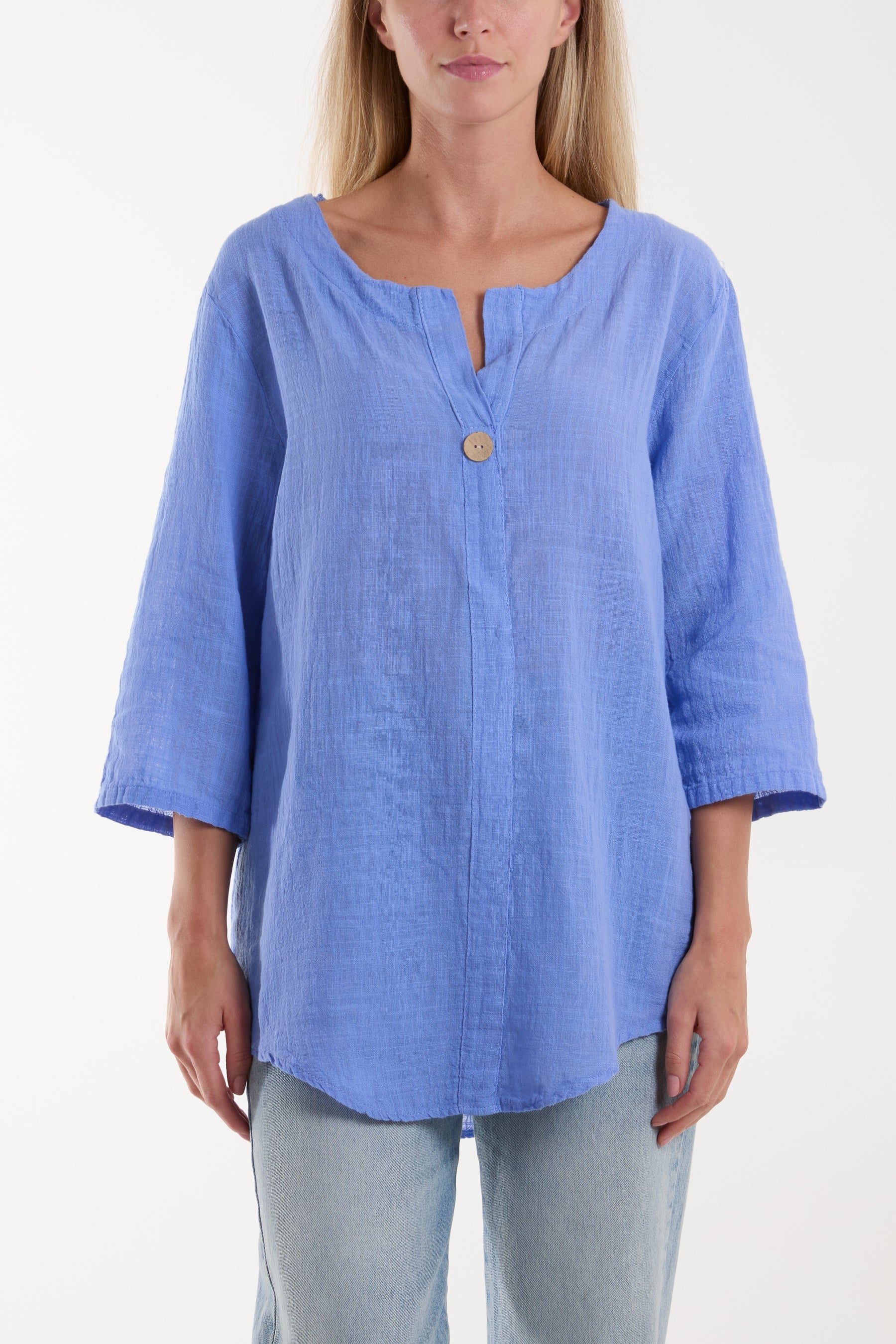 Front Button Cotton Washed Top Tops WearAll Blue One Size