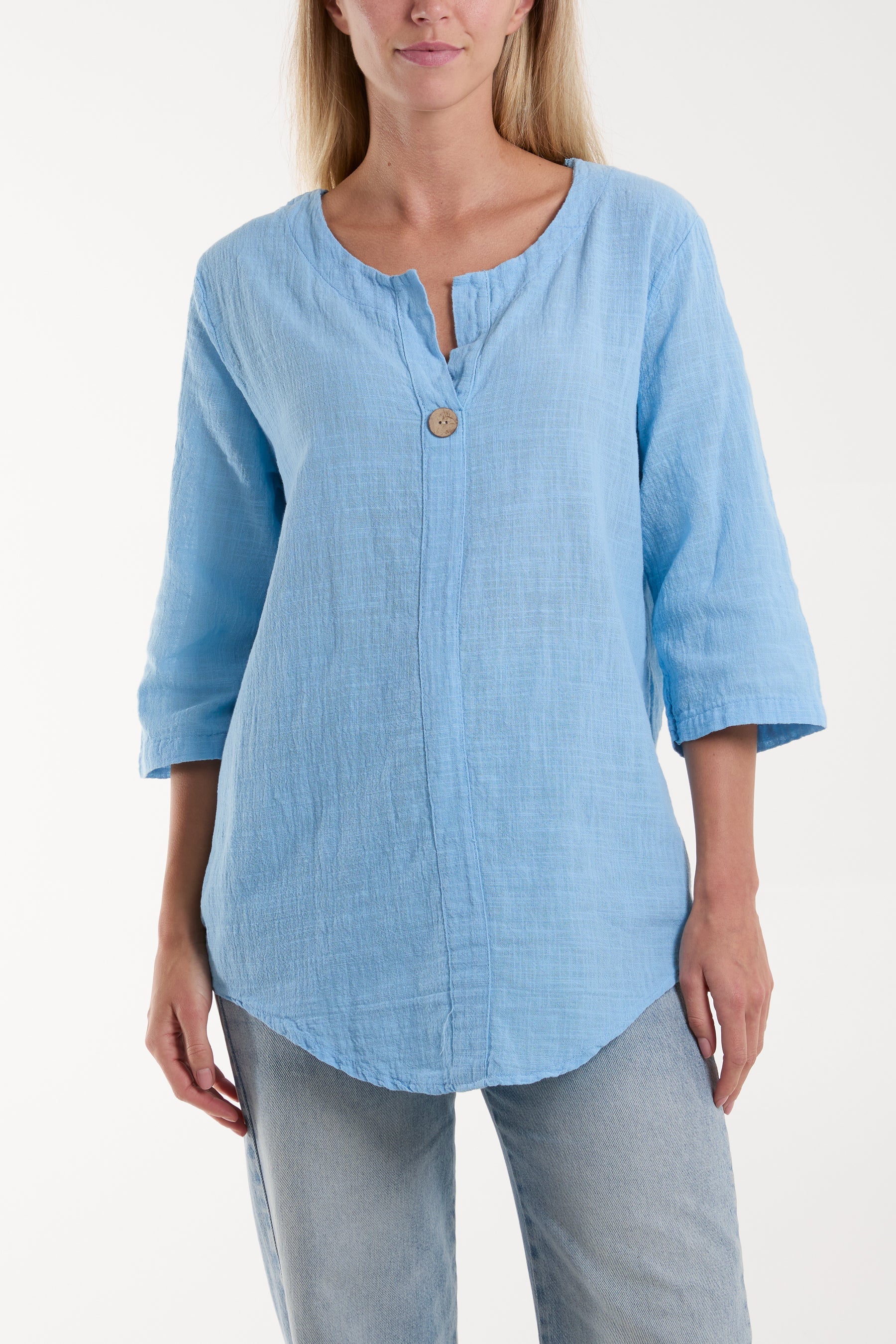Front Button Cotton Washed Top Tops WearAll Light Blue One Size