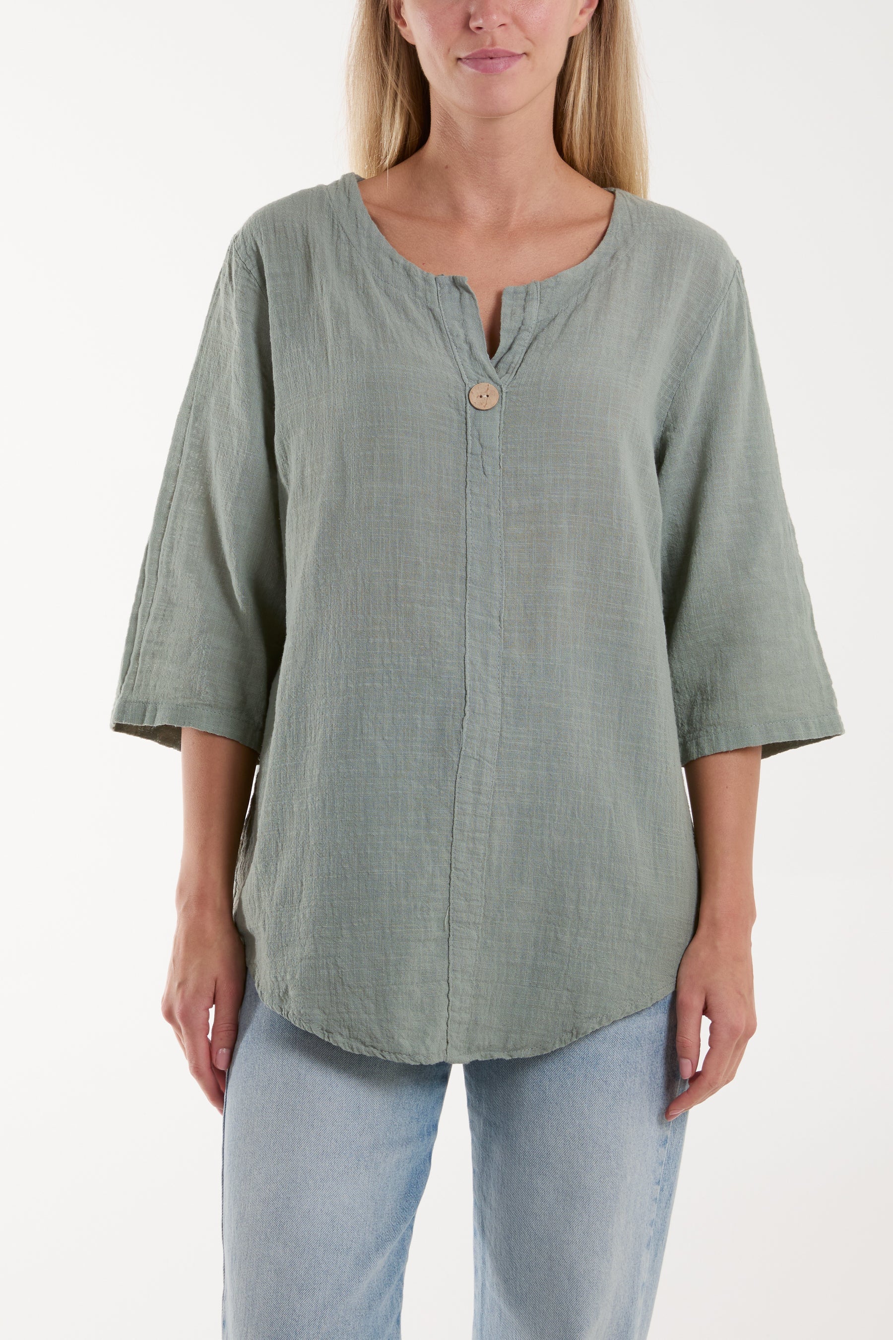 Front Button Cotton Washed Top Tops WearAll Khaki One Size