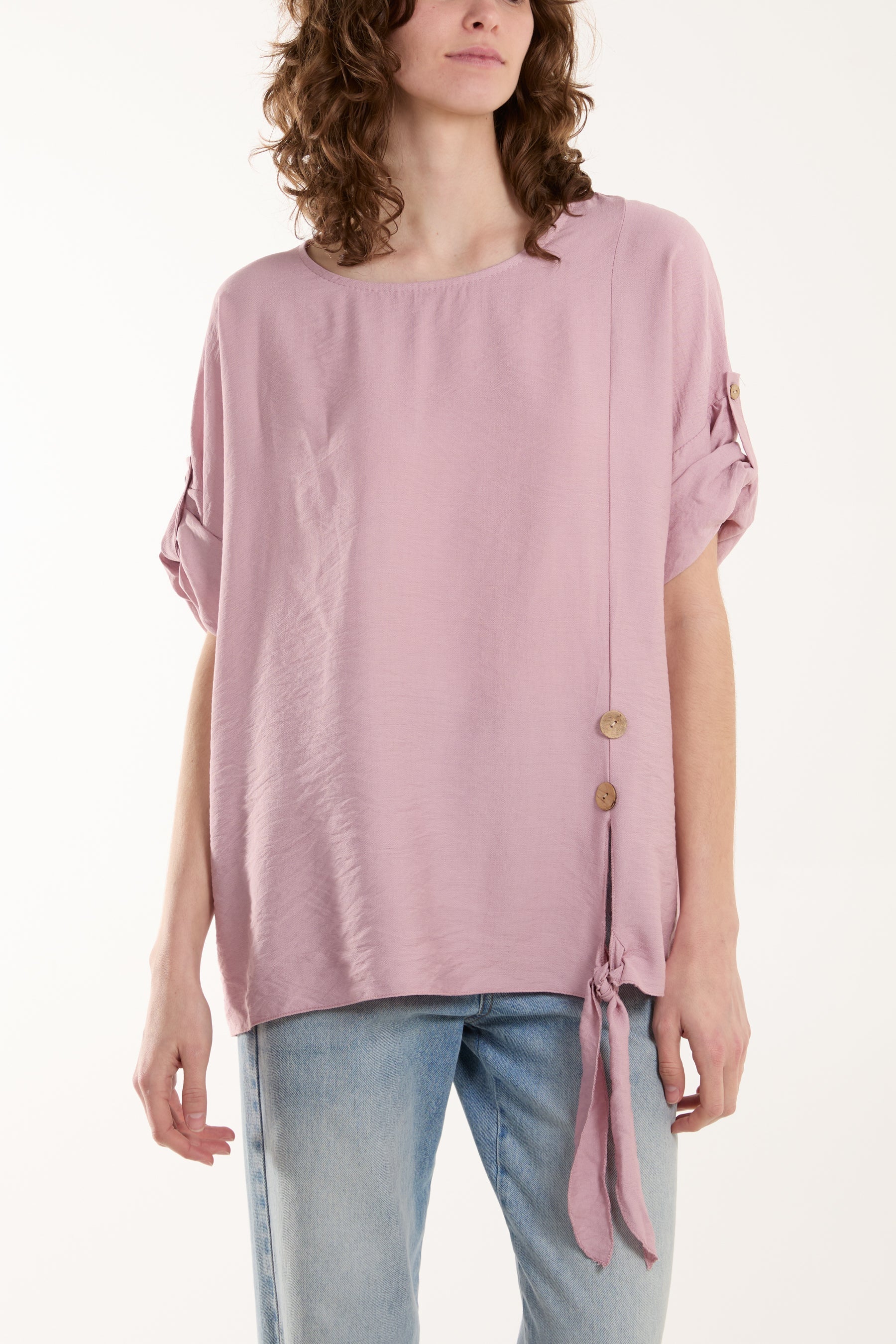 Two Button Front Knot Short Sleeve Top Tops WearAll Blush One Size