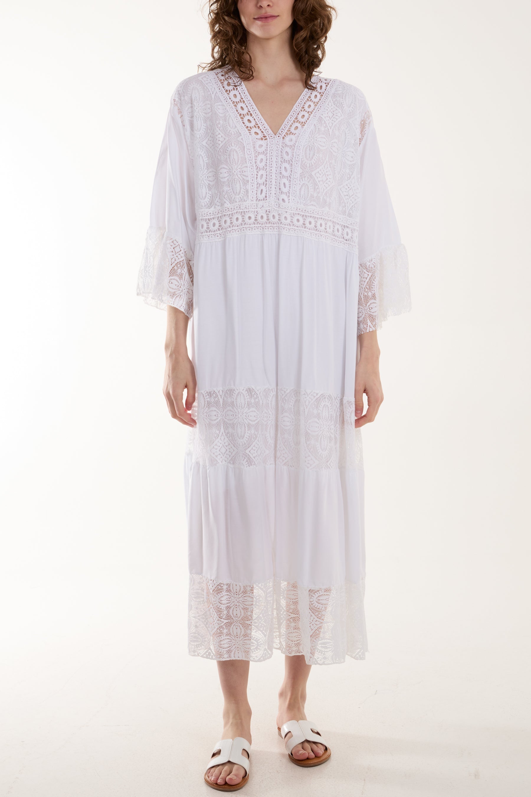 Lace Smock Tiered Midi Dress Dresses WearAll White One Size