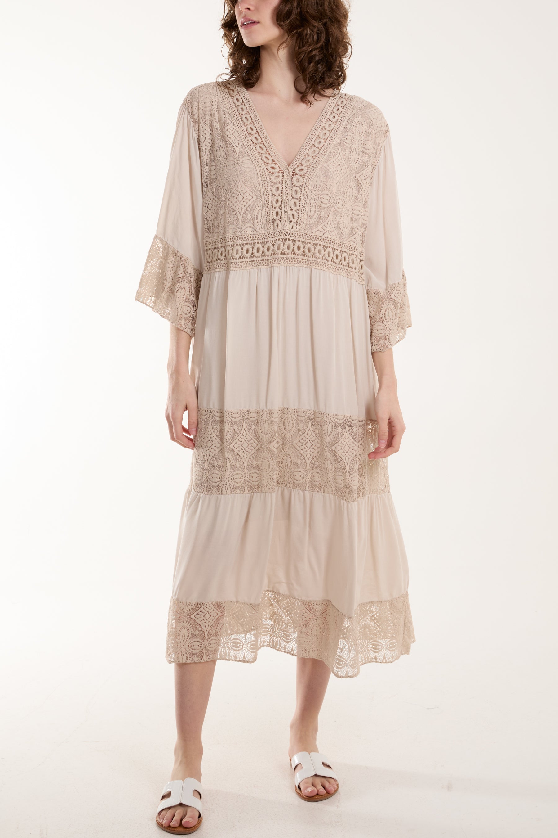 Lace Smock Tiered Midi Dress Dresses WearAll Stone One Size