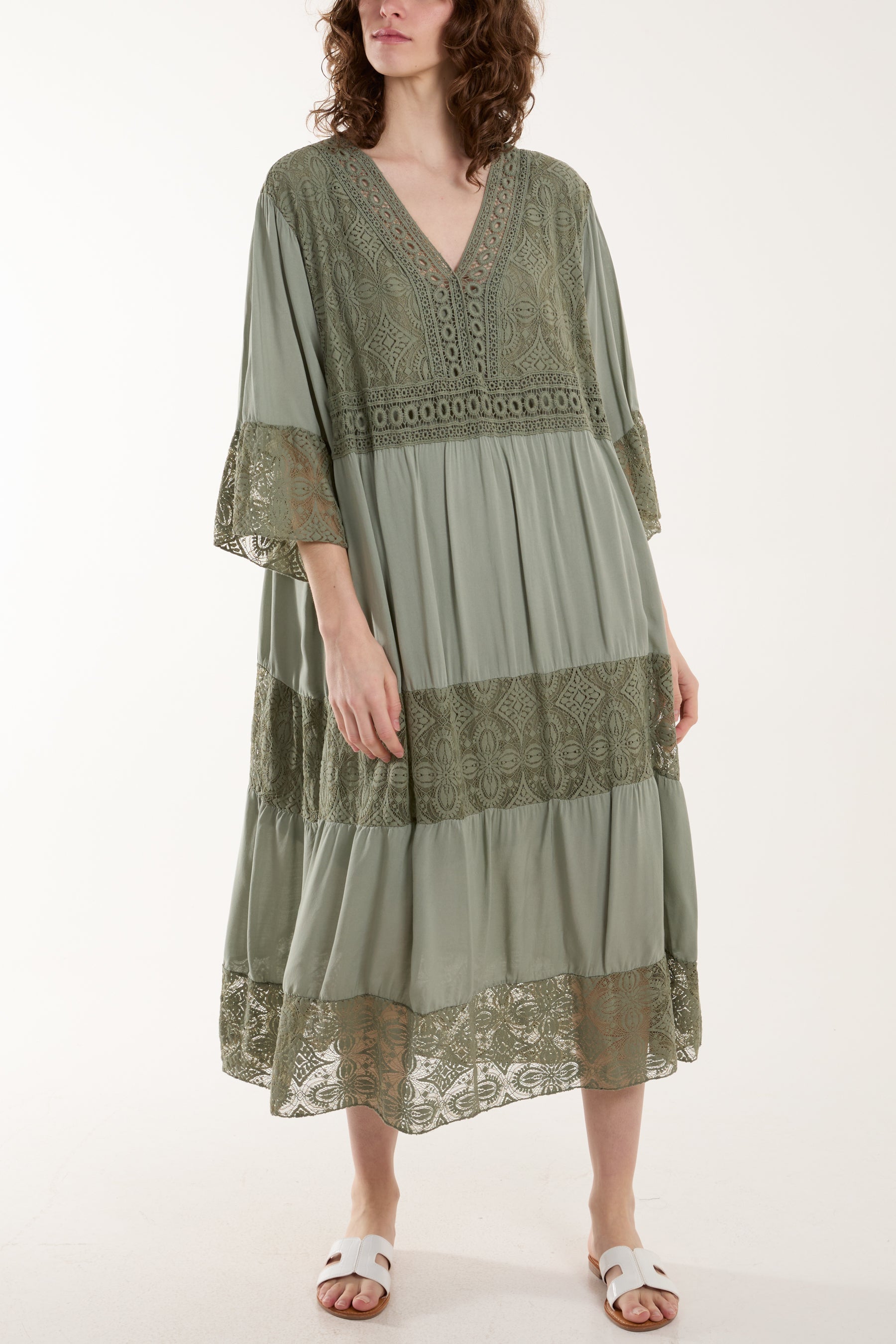 Lace Smock Tiered Midi Dress Dresses WearAll Khaki One Size
