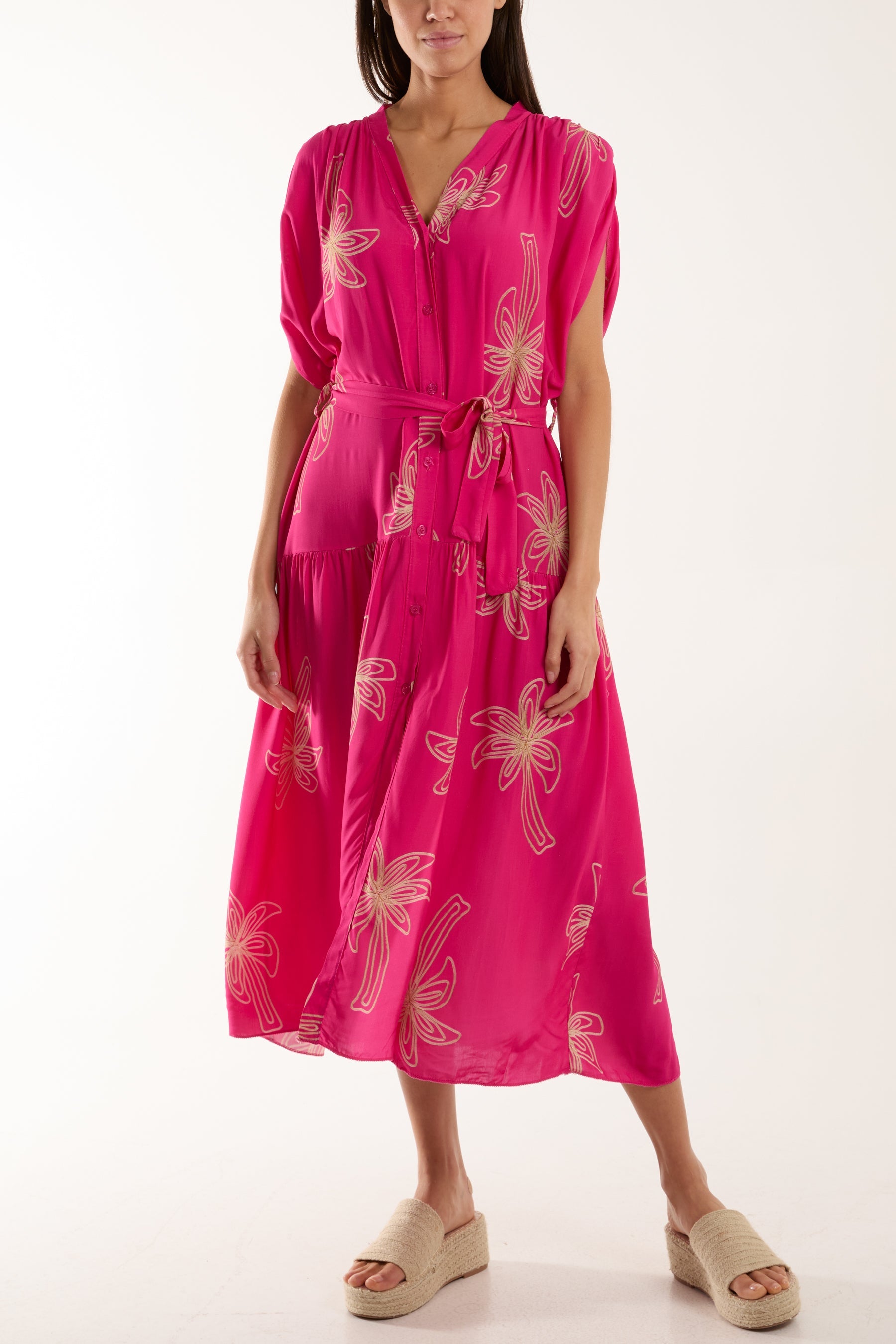 Palm Tree Belted Tiered Midi Dress Dresses WearAll Fuchsia One Size