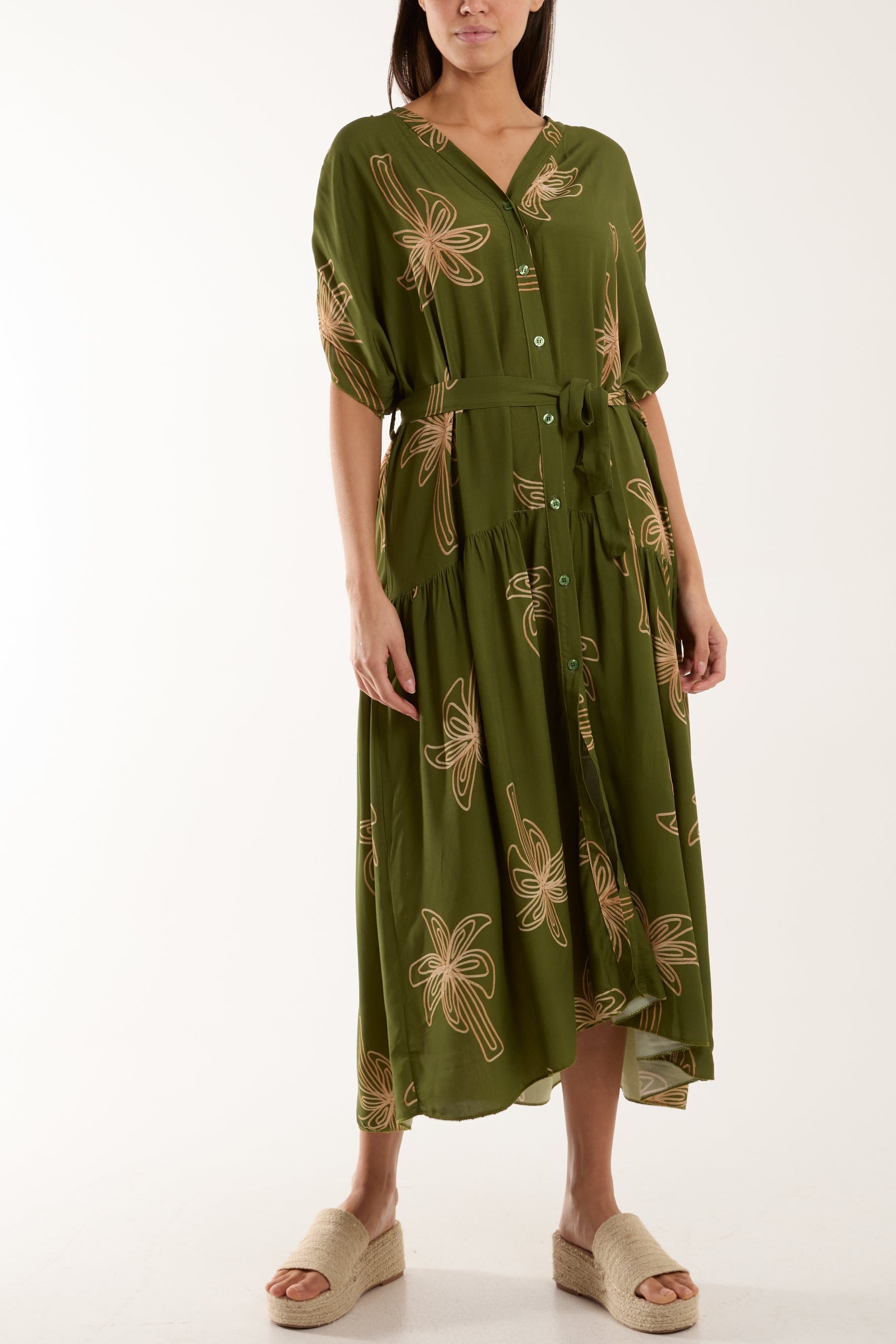 Palm Tree Belted Tiered Midi Dress Dresses WearAll Khaki One Size