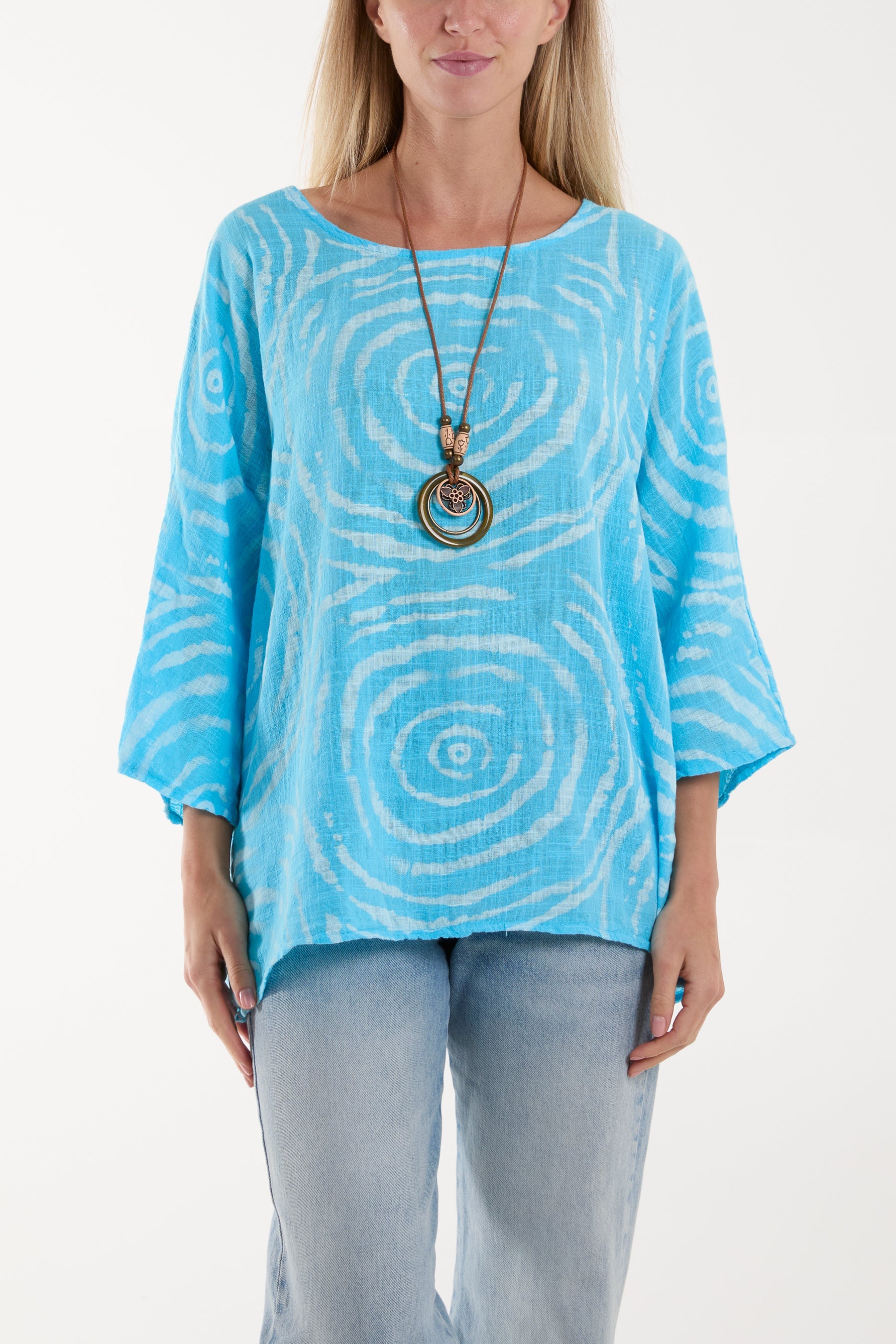 Swirl Necklace 3/4 Sleeve Blouse Blouses WearAll Turquoise One Size