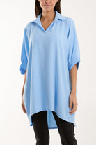 Open Collar Short Sleeve Blouse Blouses WearAll Light Blue One Size