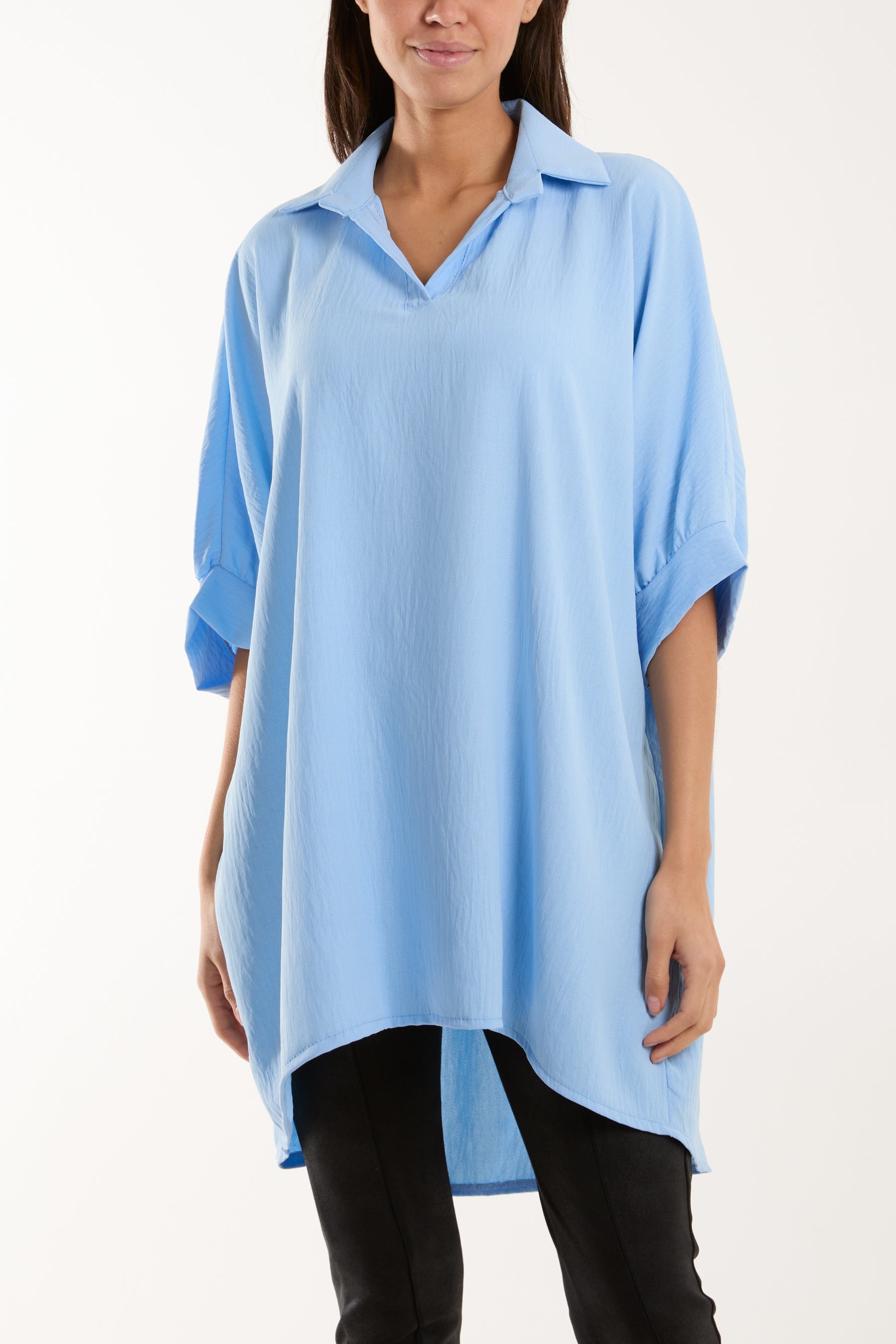 Open Collar Short Sleeve Blouse Blouses WearAll Light Blue One Size