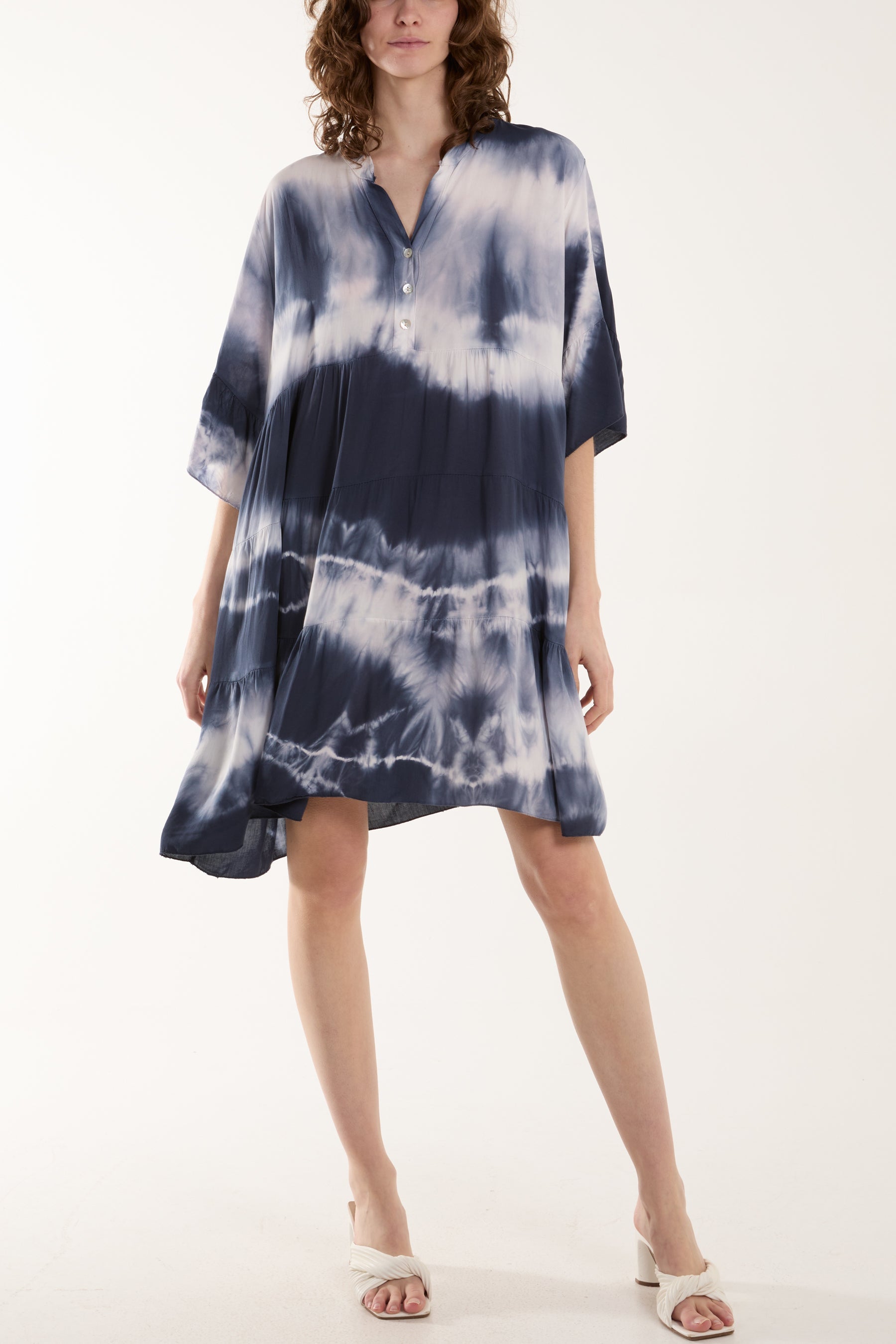 Tie Dye Smock Tiered Mini Dress Dresses WearAll Navy One Size