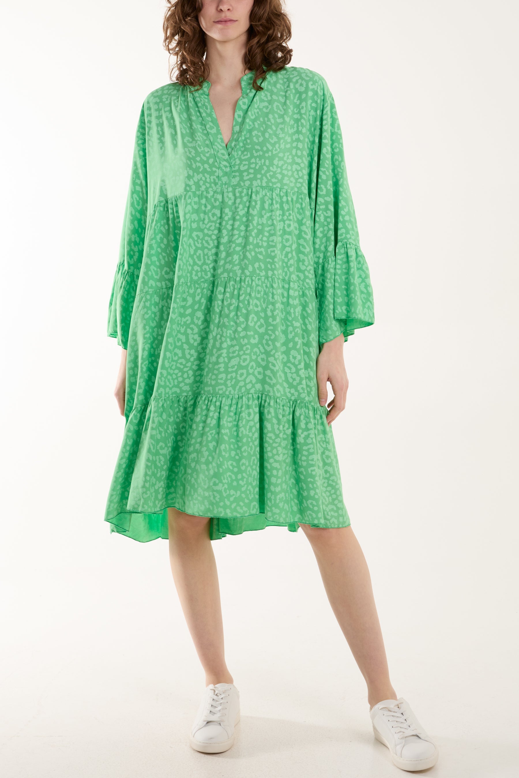 Leopard Print Long Sleeve Tiered Mini Dress Dresses WearAll Jade One Size