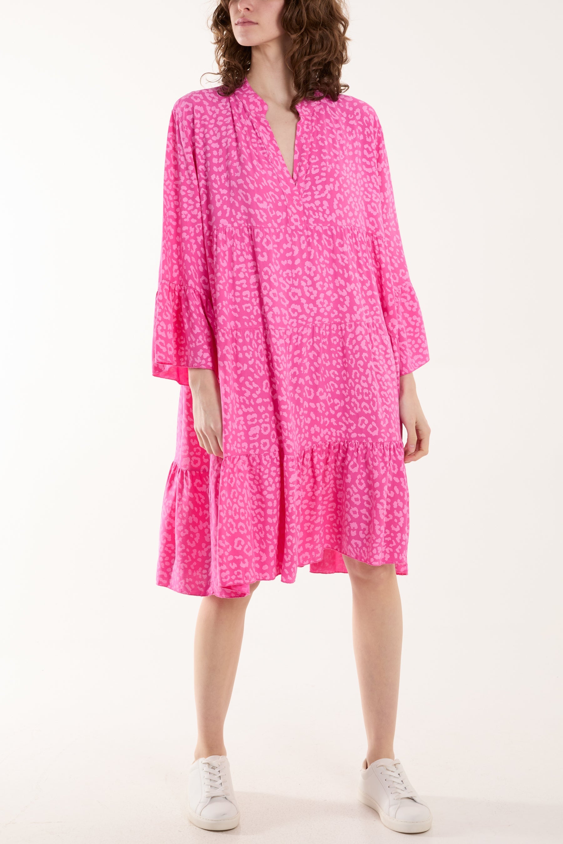 Leopard Print Long Sleeve Tiered Mini Dress Dresses WearAll BubbleGum Pink One Size