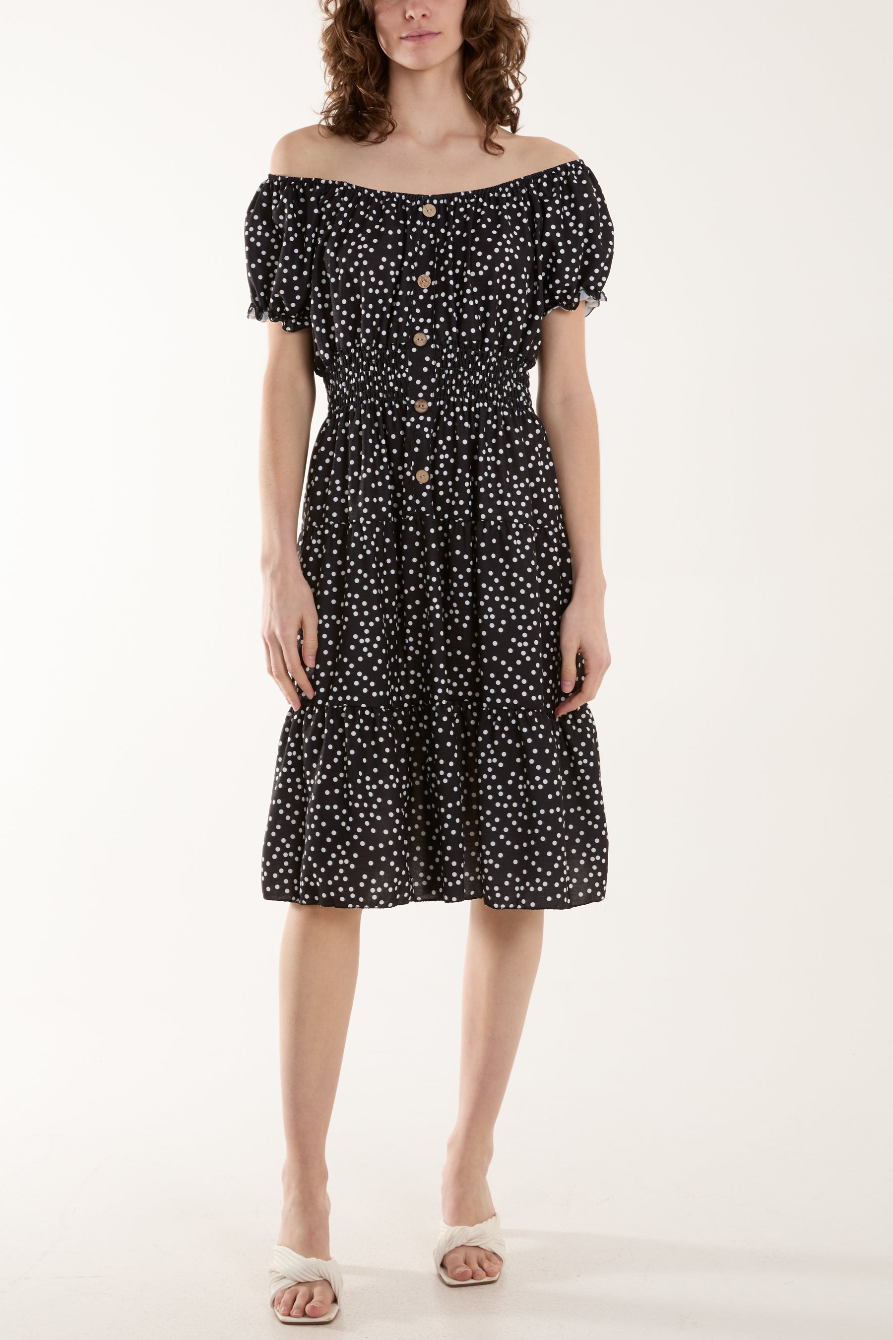 Polka Dot Button Through Mini Dress Dresses WearAll Black One Size