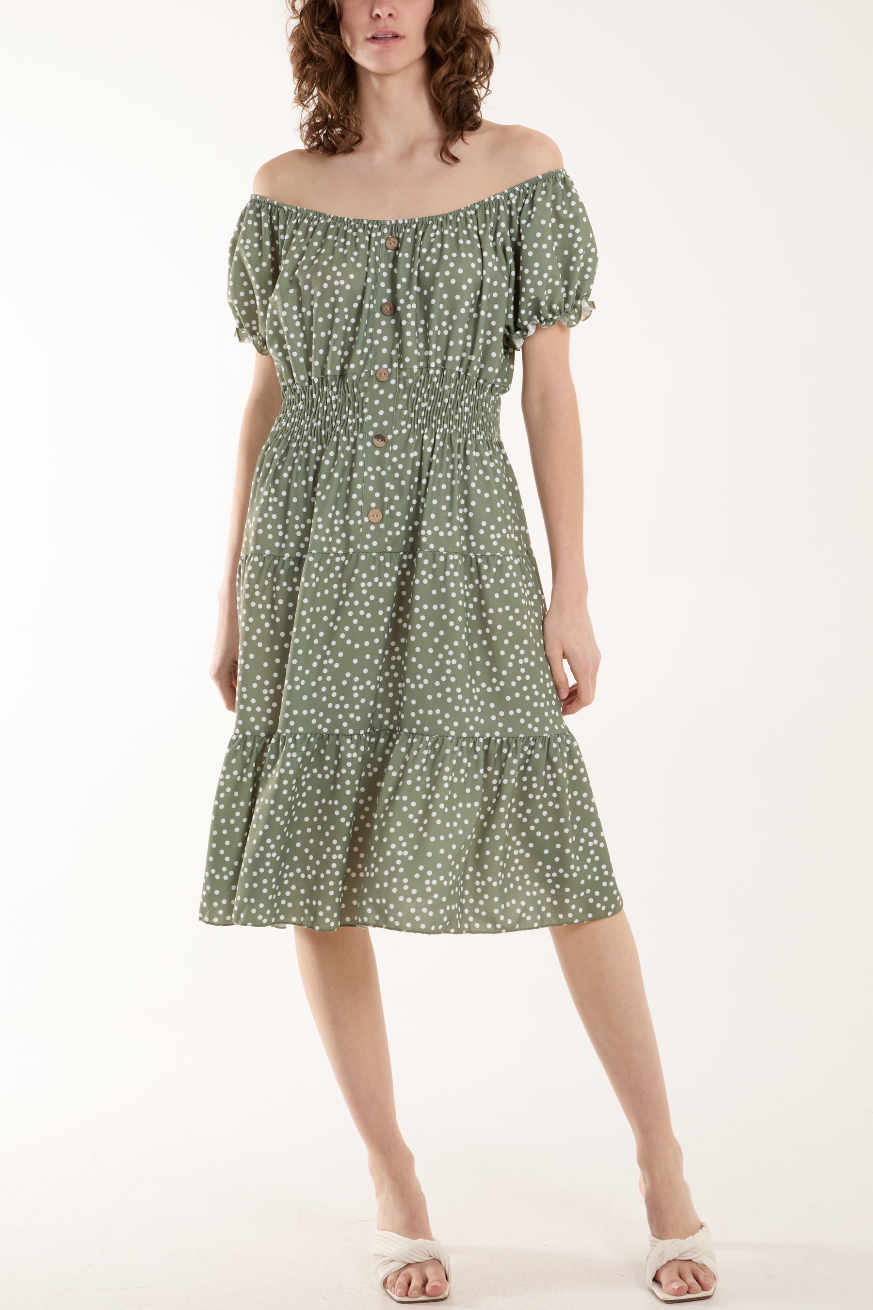 Polka Dot Button Through Mini Dress Dresses WearAll Khaki One Size