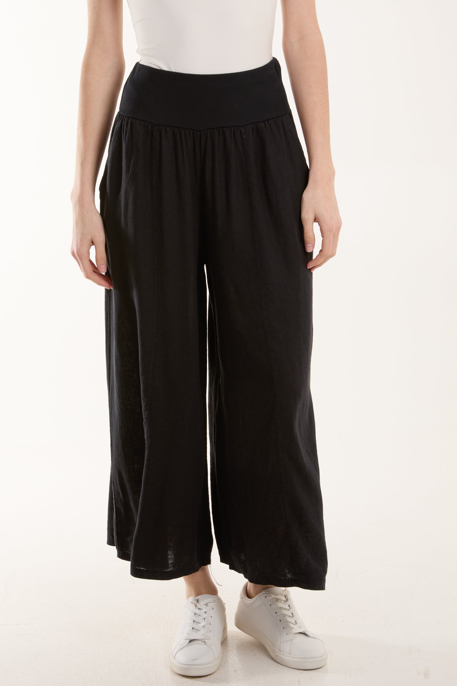 Linen Blend Wide Leg Waistband Trousers Trousers WearAll Black One Size