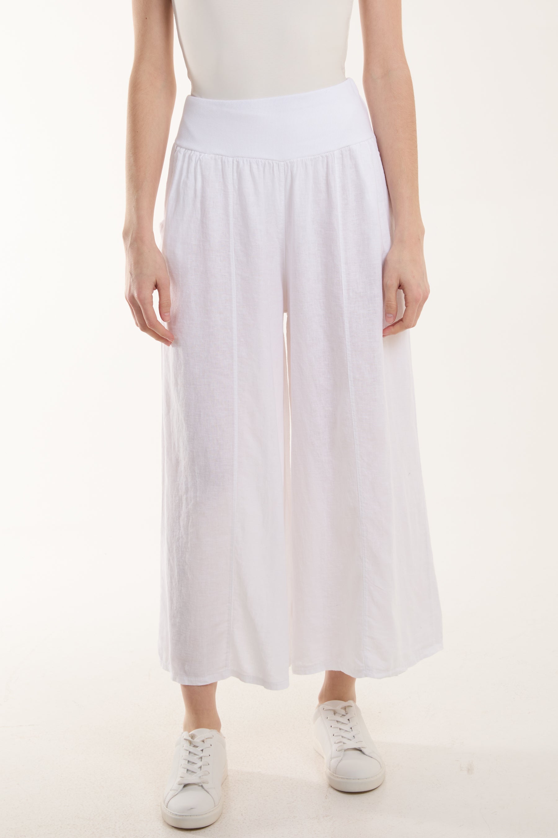 Linen Blend Wide Leg Waistband Trousers Trousers WearAll White One Size