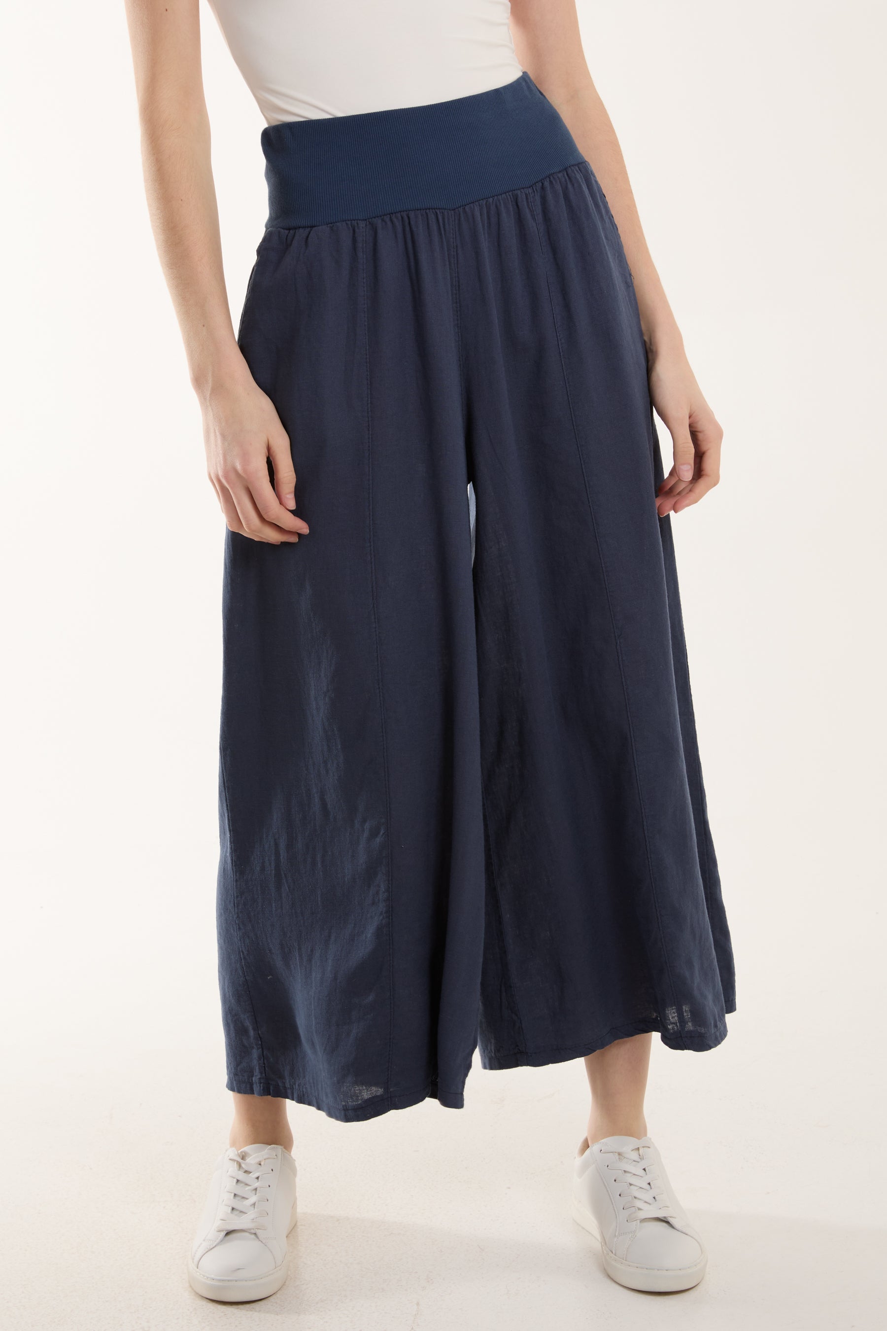 Linen Blend Wide Leg Waistband Trousers Trousers WearAll Navy One Size