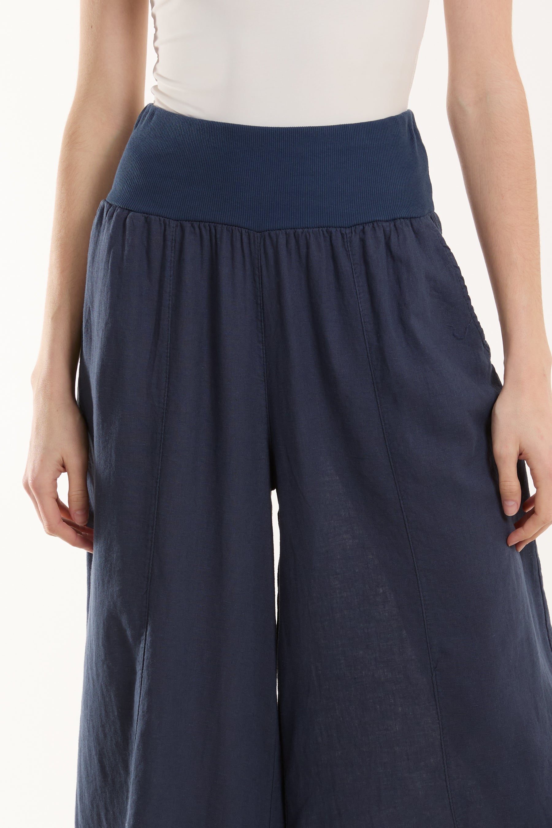 Linen Blend Wide Leg Waistband Trousers Trousers WearAll